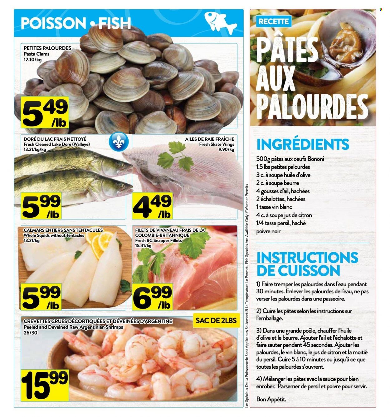 thumbnail - PA Supermarché Flyer - October 18, 2021 - October 24, 2021 - Sales products - clams, fish, shrimps, walleye, pasta. Page 3.
