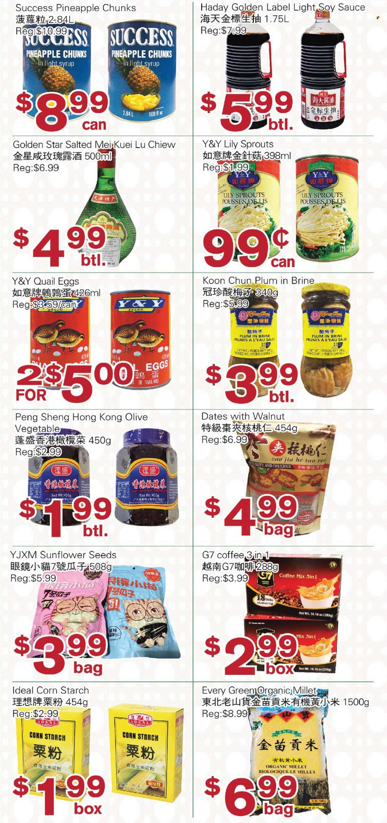 thumbnail - First Choice Supermarket Flyer - October 15, 2021 - October 21, 2021 - Sales products - pineapple, sauce, eggs, soy sauce, syrup, prunes, dried fruit, sunflower seeds, coffee, quail, bag. Page 5.