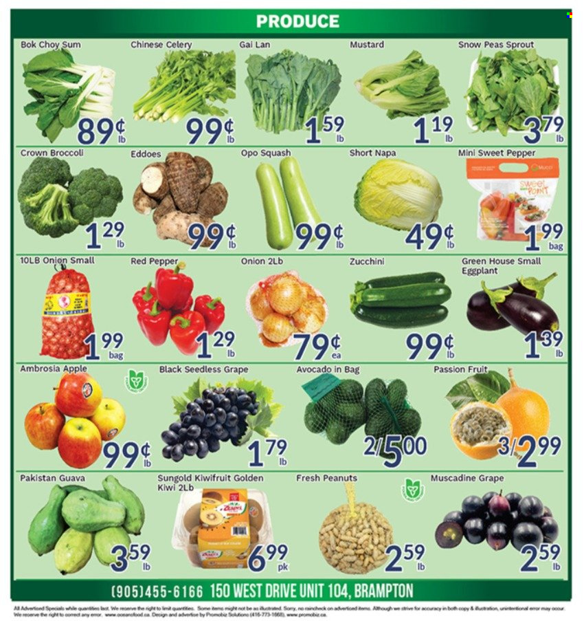 thumbnail - Oceans Flyer - October 15, 2021 - October 21, 2021 - Sales products - bok choy, broccoli, celery, zucchini, peas, onion, eggplant, avocado, guava, snow peas, mustard, peanuts, kiwi. Page 2.