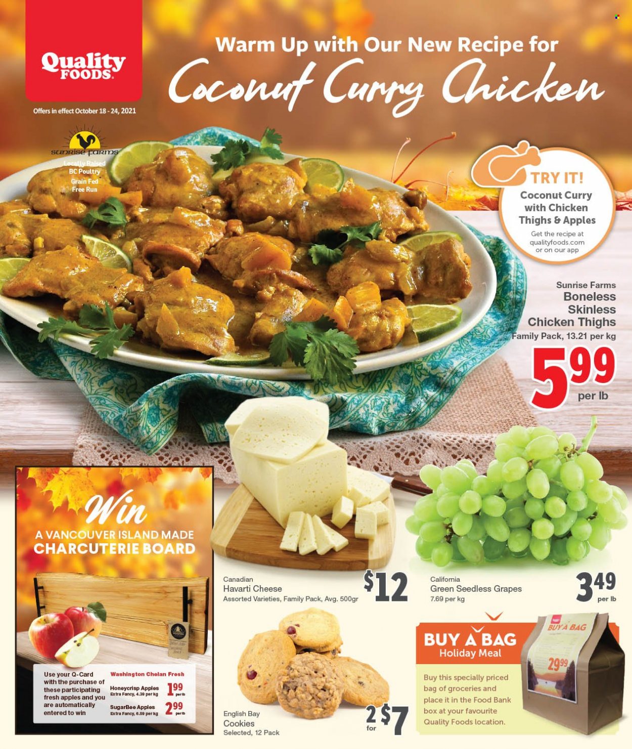 thumbnail - Quality Foods Flyer - October 18, 2021 - October 24, 2021 - Sales products - grapes, seedless grapes, Havarti, cheese, cookies, chicken thighs, chicken. Page 1.
