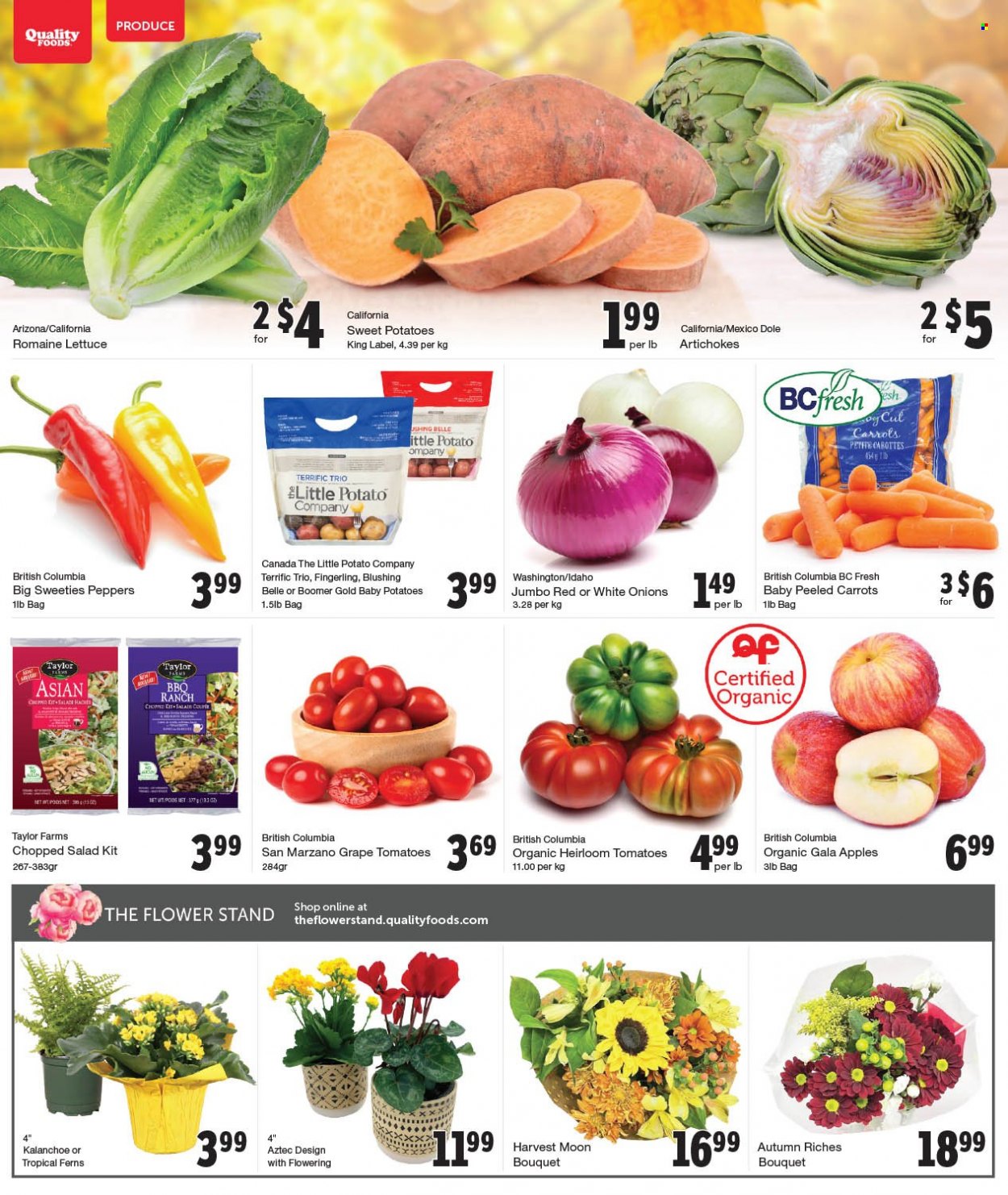 thumbnail - Quality Foods Flyer - October 18, 2021 - October 24, 2021 - Sales products - artichoke, carrots, sweet potato, tomatoes, potatoes, onion, lettuce, salad, Dole, peppers, chopped salad, apples, Gala, AriZona. Page 2.