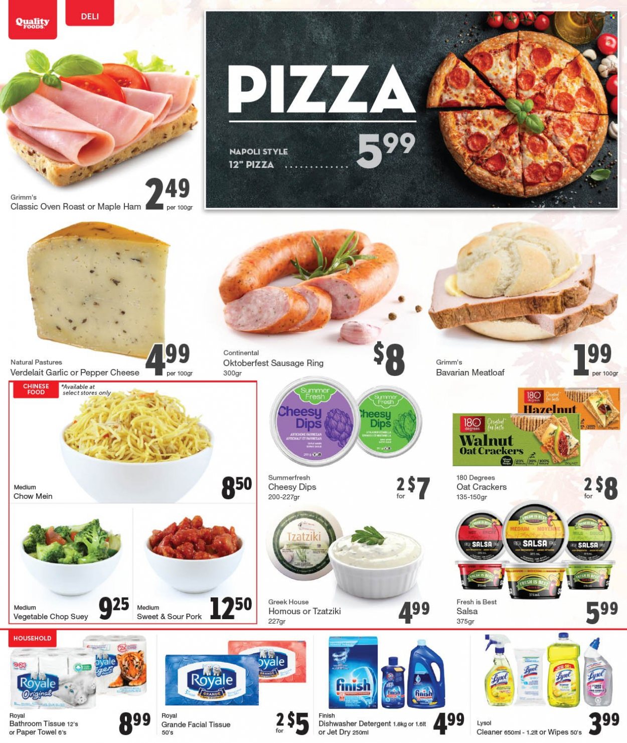 thumbnail - Quality Foods Flyer - October 18, 2021 - October 24, 2021 - Sales products - garlic, pizza, meatloaf, Continental, sausage, tzatziki, crackers, oats, salsa, wipes, bath tissue, paper towels, cleaner, Lysol, Jet, detergent. Page 5.