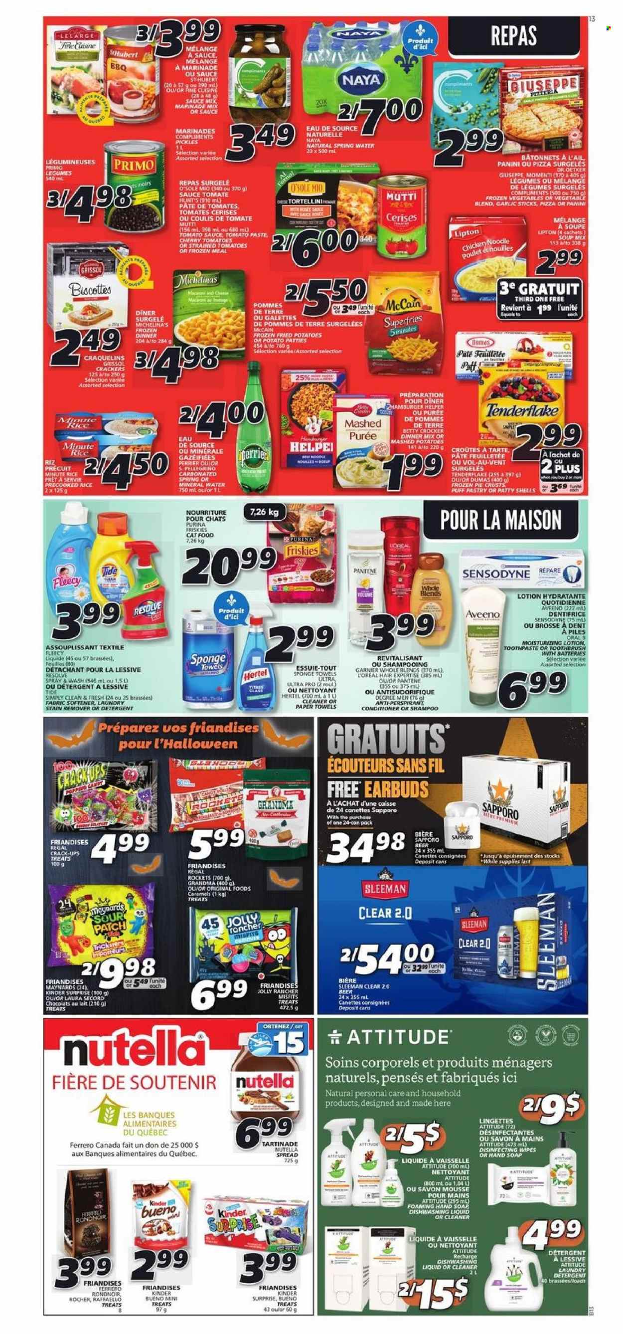 thumbnail - IGA Flyer - October 21, 2021 - October 27, 2021 - Sales products - pie, panini, garlic, cherries, macaroni & cheese, mashed potatoes, pizza, soup mix, soup, tortellini, noodles, Dr. Oetker, puff pastry, frozen vegetables, McCain, potato fries, Kinder Surprise, Raffaello, crackers, Kinder Bueno, pie crust, tomato paste, tomato sauce, pickles, rice, marinade, Perrier, mineral water, spring water, San Pellegrino, beer, Garnier, Nutella, Oral-B, Sensodyne, Lipton, Ferrero Rocher. Page 10.