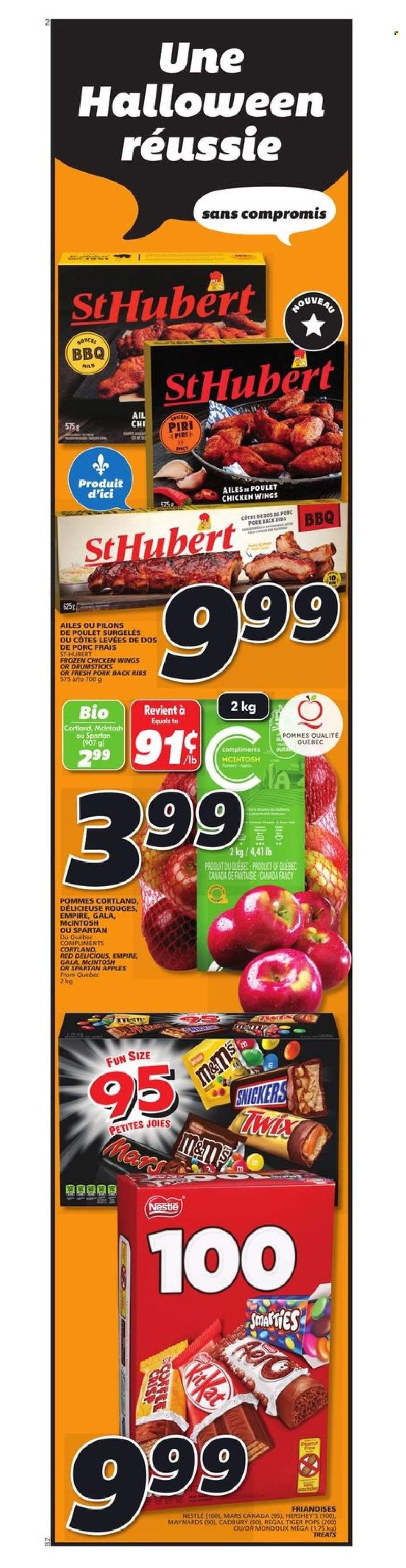 thumbnail - IGA Flyer - October 21, 2021 - October 27, 2021 - Sales products - apples, Gala, Red Delicious apples, Hershey's, chicken wings, Mars, Cadbury, chicken, pork meat, pork ribs, pork back ribs, Nestlé. Page 11.