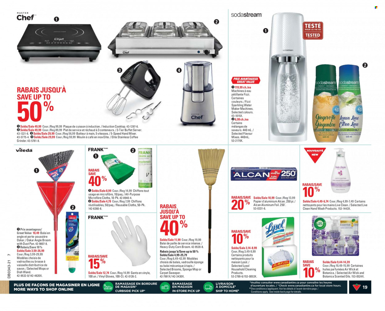 thumbnail - Canadian Tire Flyer - October 21, 2021 - October 27, 2021 - Sales products - Lysol, gloves, mop, broom, angle broom, coffee grinder, aluminium foil, Air Wick, cooktop, induction cooktop, mixer, hand mixer, grinder, water maker. Page 19.