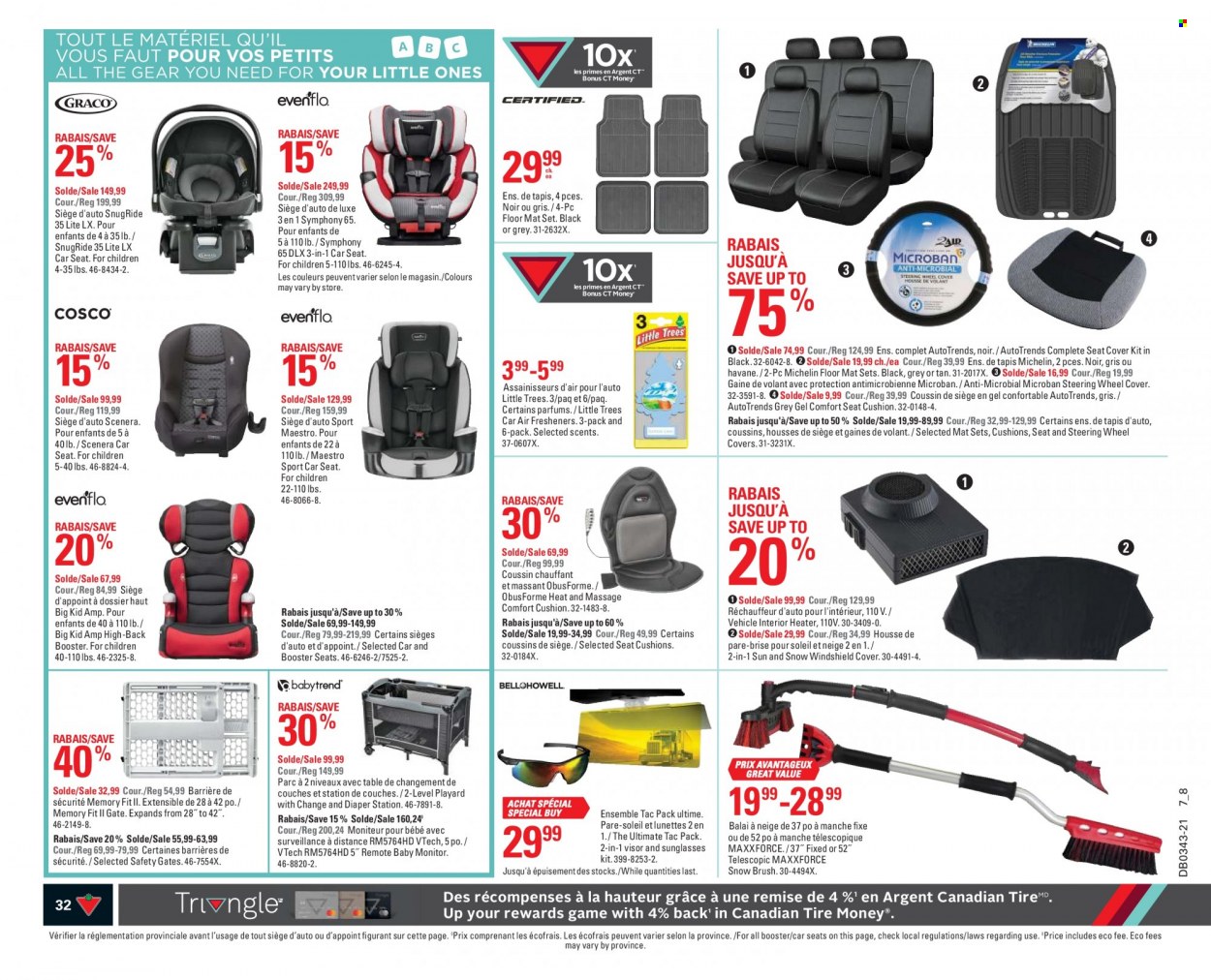 thumbnail - Canadian Tire Flyer - October 21, 2021 - October 27, 2021 - Sales products - air freshener, cushion, baby monitor, table, Vtech, vehicle, baby car seat, car seat cover, car floor mats, wheel covers, Michelin. Page 32.