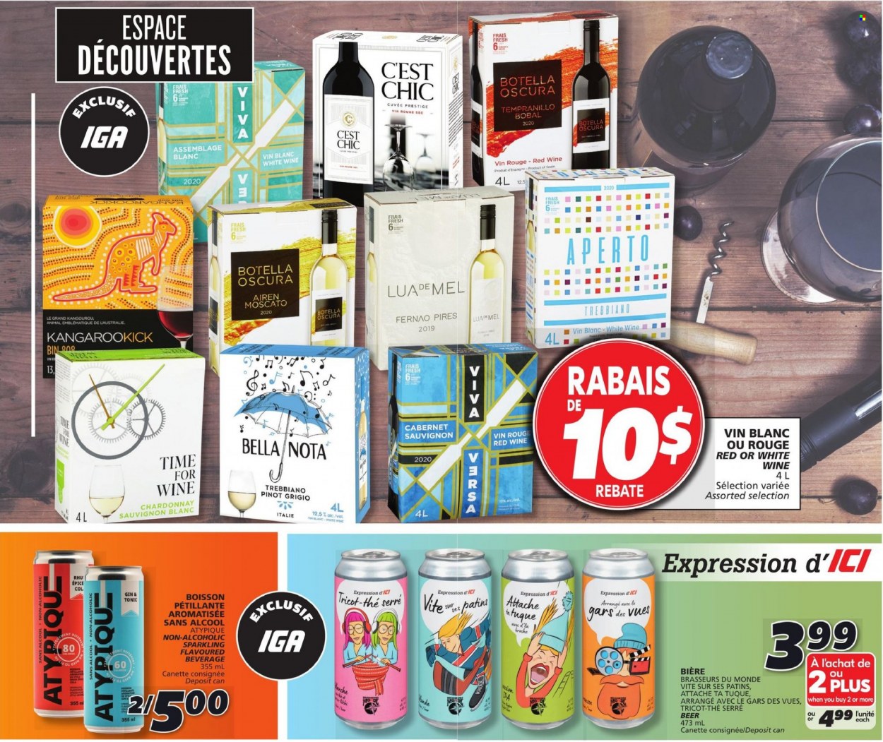 thumbnail - IGA Flyer - October 21, 2021 - October 27, 2021 - Sales products - Bella, Cabernet Sauvignon, red wine, Chardonnay, wine, Cuvée, Moscato, Tempranillo, Pinot Grigio, Sauvignon Blanc, gin & tonic, beer. Page 3.