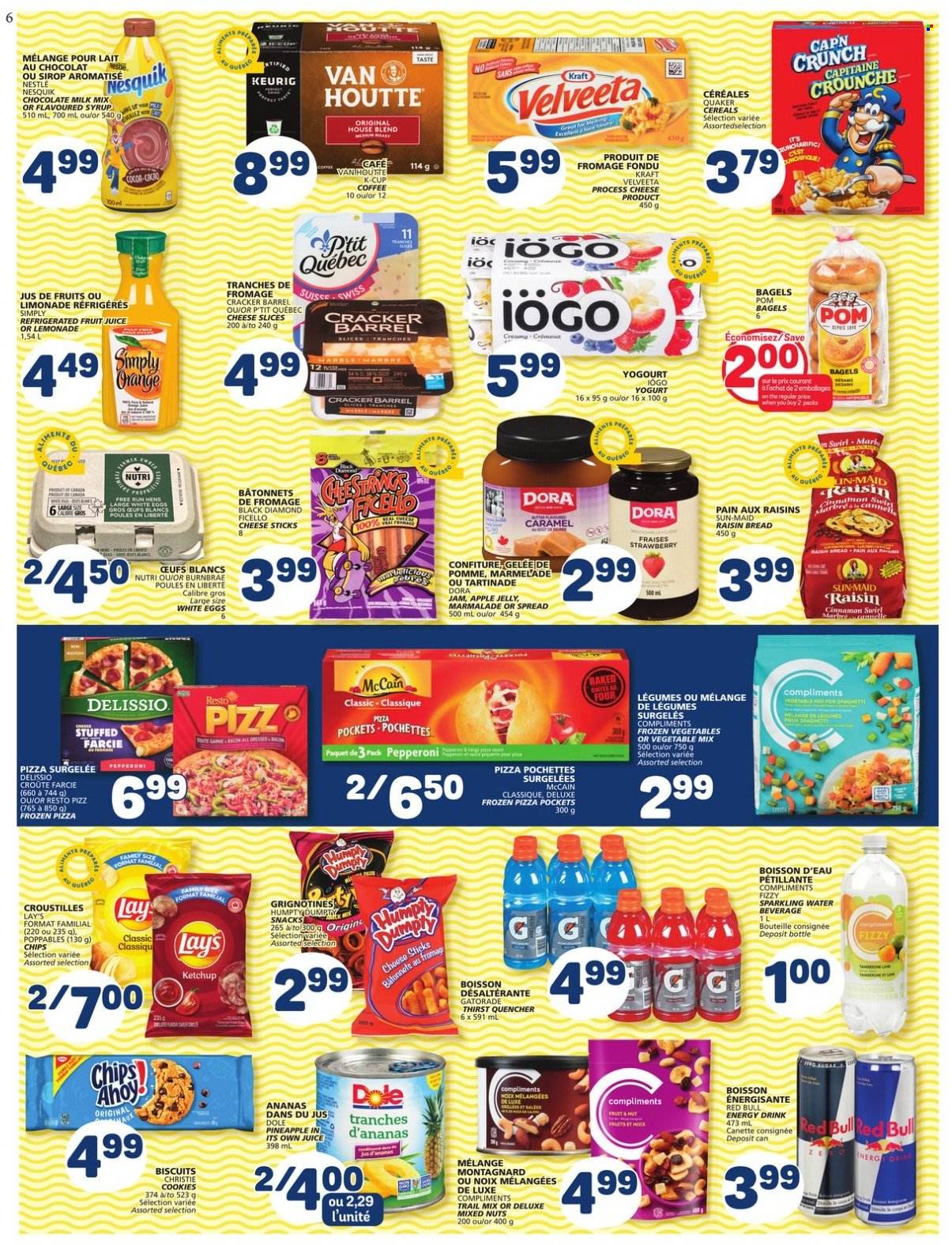 thumbnail - Marché Bonichoix Flyer - October 21, 2021 - October 27, 2021 - Sales products - bagels, bread, Dole, pineapple, pizza, Quaker, Kraft®, pepperoni, sliced cheese, yoghurt, milk, eggs, frozen vegetables, cheese sticks, McCain, cookies, milk chocolate, chocolate, snack, jelly, crackers, biscuit, Lay’s, cereals, caramel, apple jelly, fruit jam, syrup, dried fruit, mixed nuts, trail mix, lemonade, juice, fruit juice, Red Bull, Gatorade, sparkling water, coffee, coffee capsules, K-Cups, Keurig, Nesquik, Nestlé, raisins, ketchup. Page 6.