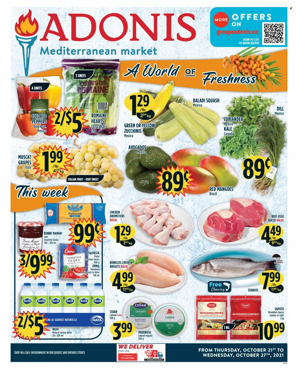 thumbnail - Adonis Flyer - October 21, 2021 - October 27, 2021 - Sales products - kale, lettuce, peppers, avocado, grapes, mango, sea bass, spaghetti, pizza, pasta, shredded cheese, labneh, yoghurt, dill, coriander, fruit jam, spring water, chicken breasts, chicken drumsticks, chicken, bag. Page 1.