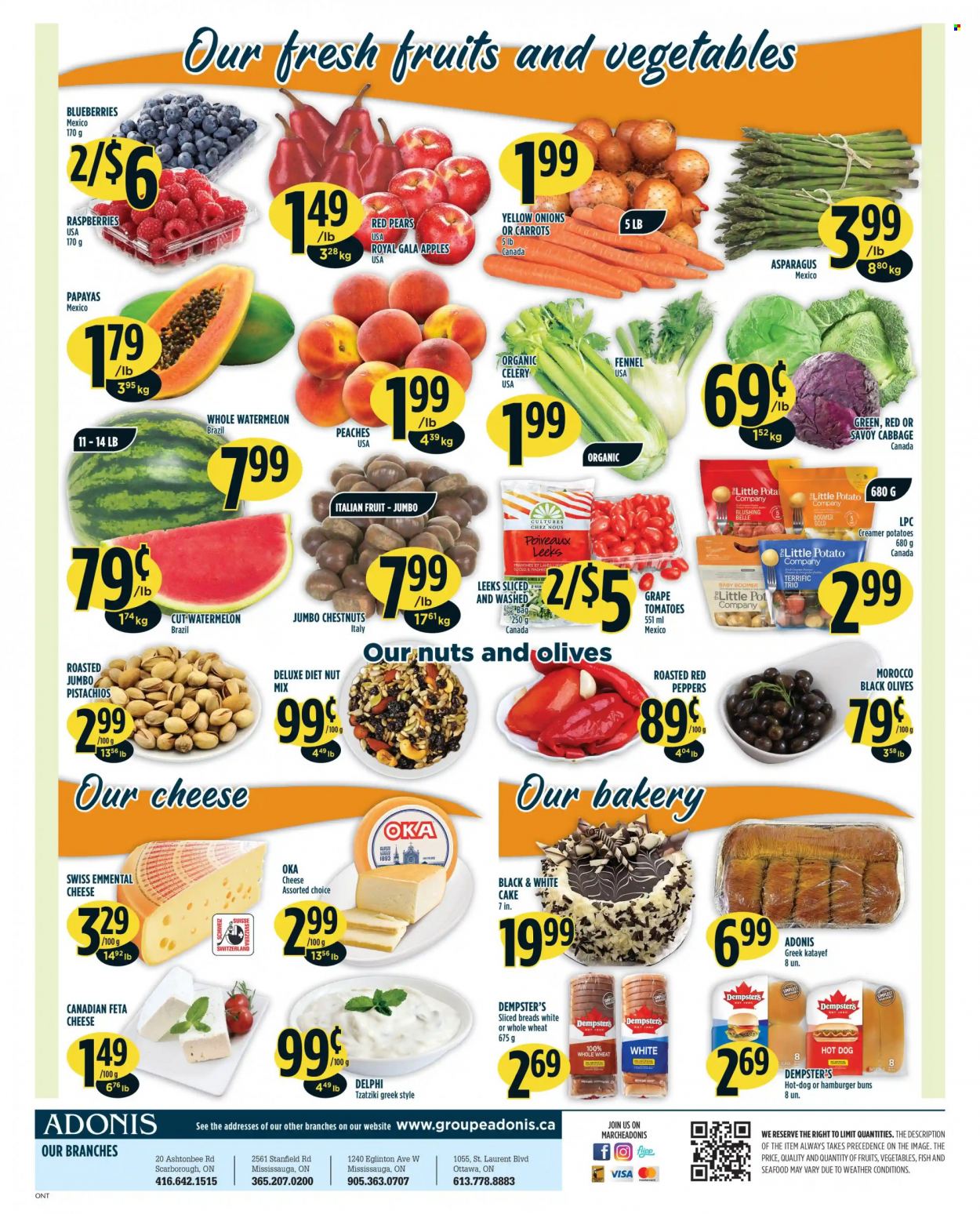 thumbnail - Adonis Flyer - October 21, 2021 - October 27, 2021 - Sales products - buns, burger buns, asparagus, cabbage, carrots, celery, potatoes, onion, peppers, red peppers, apples, blueberries, Gala, watermelon, pears, peaches, seafood, tzatziki, cheese, feta, fennel, chestnuts, pistachios, sake, olives. Page 2.
