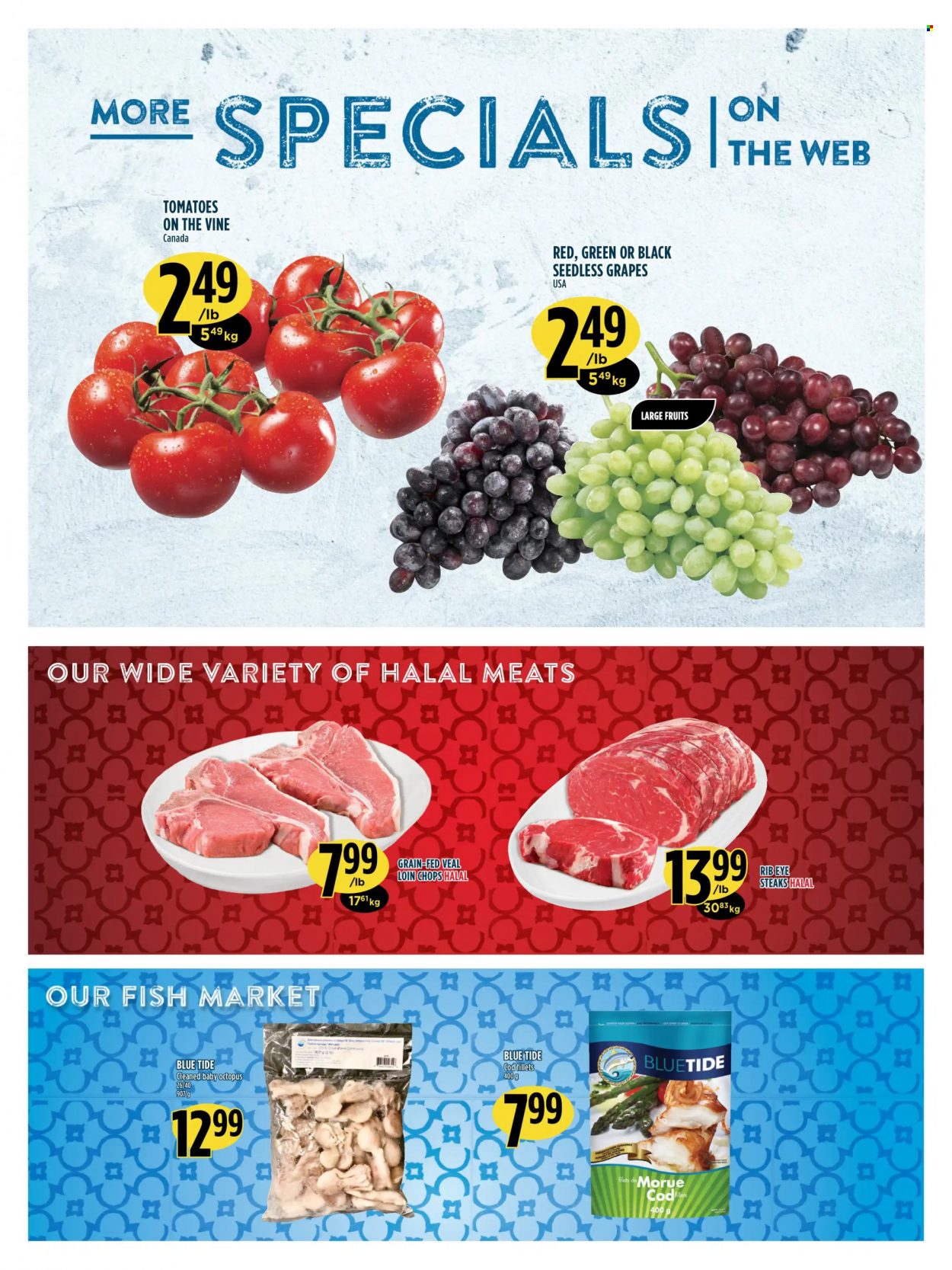 thumbnail - Adonis Flyer - October 21, 2021 - October 27, 2021 - Sales products - tomatoes, grapes, seedless grapes, cod, octopus, beef meat, ribeye steak, Tide, steak. Page 5.