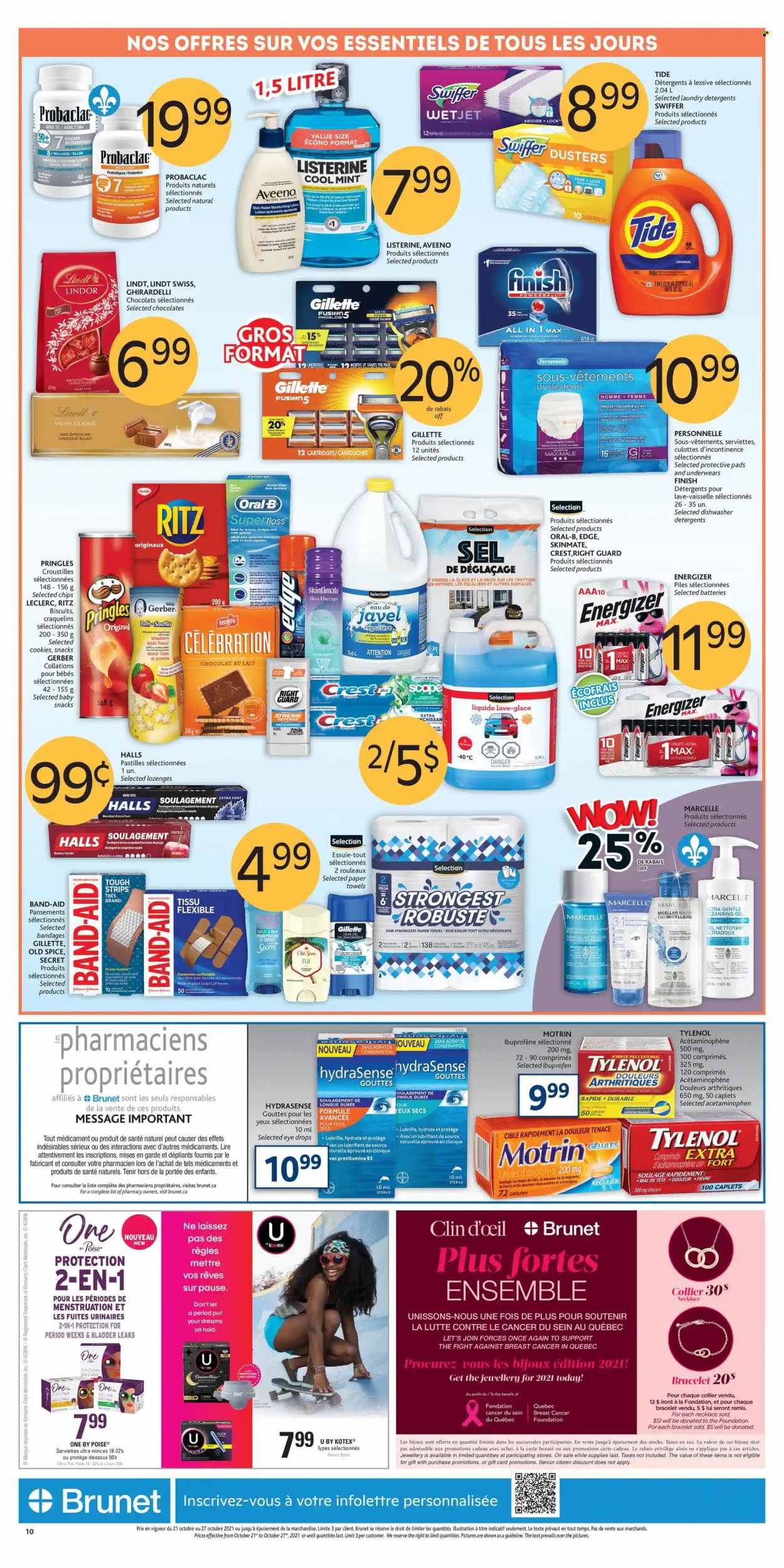 thumbnail - Brunet Flyer - October 21, 2021 - October 27, 2021 - Sales products - Aveeno, kitchen towels, paper towels, Swiffer, Tide, Crest, Kotex, Clinique, micellar water, puffs, body lotion, Gerber, Tylenol, Halls, Ibuprofen, probiotics, eye drops, Motrin, band-aid, Energizer, Gillette, Listerine, Old Spice, Oral-B, Lindt, Lindor. Page 9.