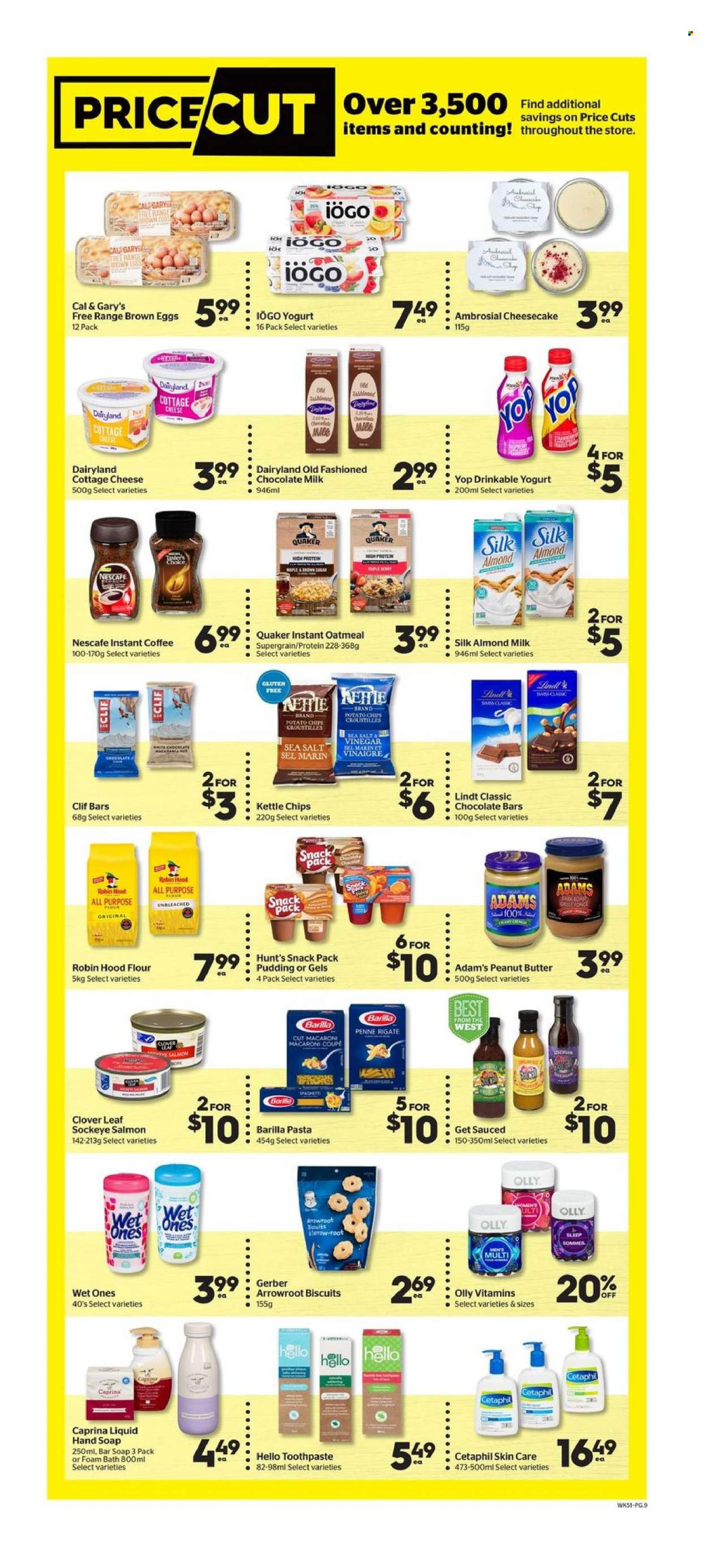 thumbnail - Calgary Co-op Flyer - October 21, 2021 - October 27, 2021 - Sales products - cheesecake, salmon, macaroni, pasta, Barilla, Quaker, cottage cheese, cheese, pudding, yoghurt, Clover, almond milk, eggs, milk chocolate, biscuit, chocolate bar, Gerber, potato chips, flour, oatmeal, penne, peanut butter, instant coffee, hand soap, bath foam, soap bar, soap, toothpaste, chips, Lindt, Nescafé. Page 9.