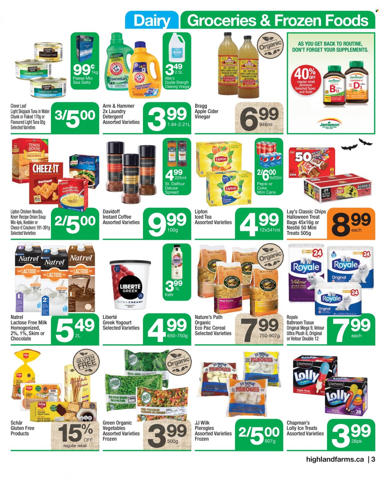 thumbnail - Highland Farms Flyer - October 21, 2021 - October 27, 2021 - Sales products - tuna, onion soup, soup mix, soup, noodles, Clover, milk, lactose free milk, kefir, chocolate, crackers, lollipop, Keebler, Lay’s, Cheez-It, ARM & HAMMER, tuna in water, light tuna, cereals, apple cider vinegar, Coca-Cola, Pepsi, ice tea, instant coffee, Davidoff, Knorr, Nestlé, Lipton. Page 3.