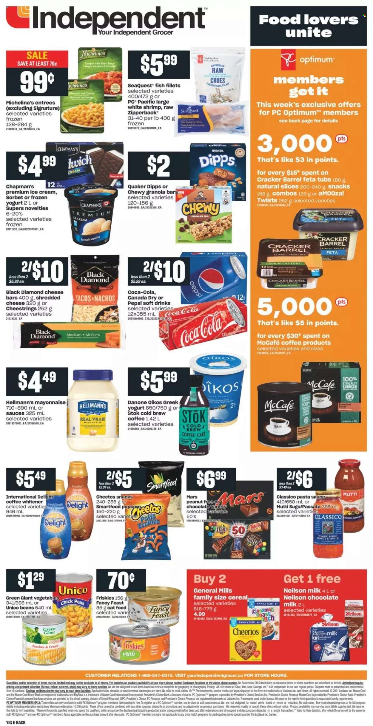 thumbnail - Independent Flyer - October 21, 2021 - October 27, 2021 - Sales products - tacos, peas, peaches, fish fillets, fish, shrimps, macaroni & cheese, pasta sauce, Quaker, lasagna meal, shredded cheese, string cheese, Président, feta, greek yoghurt, yoghurt, Oikos, milk, mayonnaise, Hellmann’s, ice cream, snack, Mars, crackers, Cheetos, Smartfood, cereals, Cheerios, granola bar, cinnamon, Classico, Canada Dry, Coca-Cola, Pepsi, soft drink, coffee, McCafe, animal food, cat food, Optimum, Fancy Feast, Friskies, Danone. Page 2.