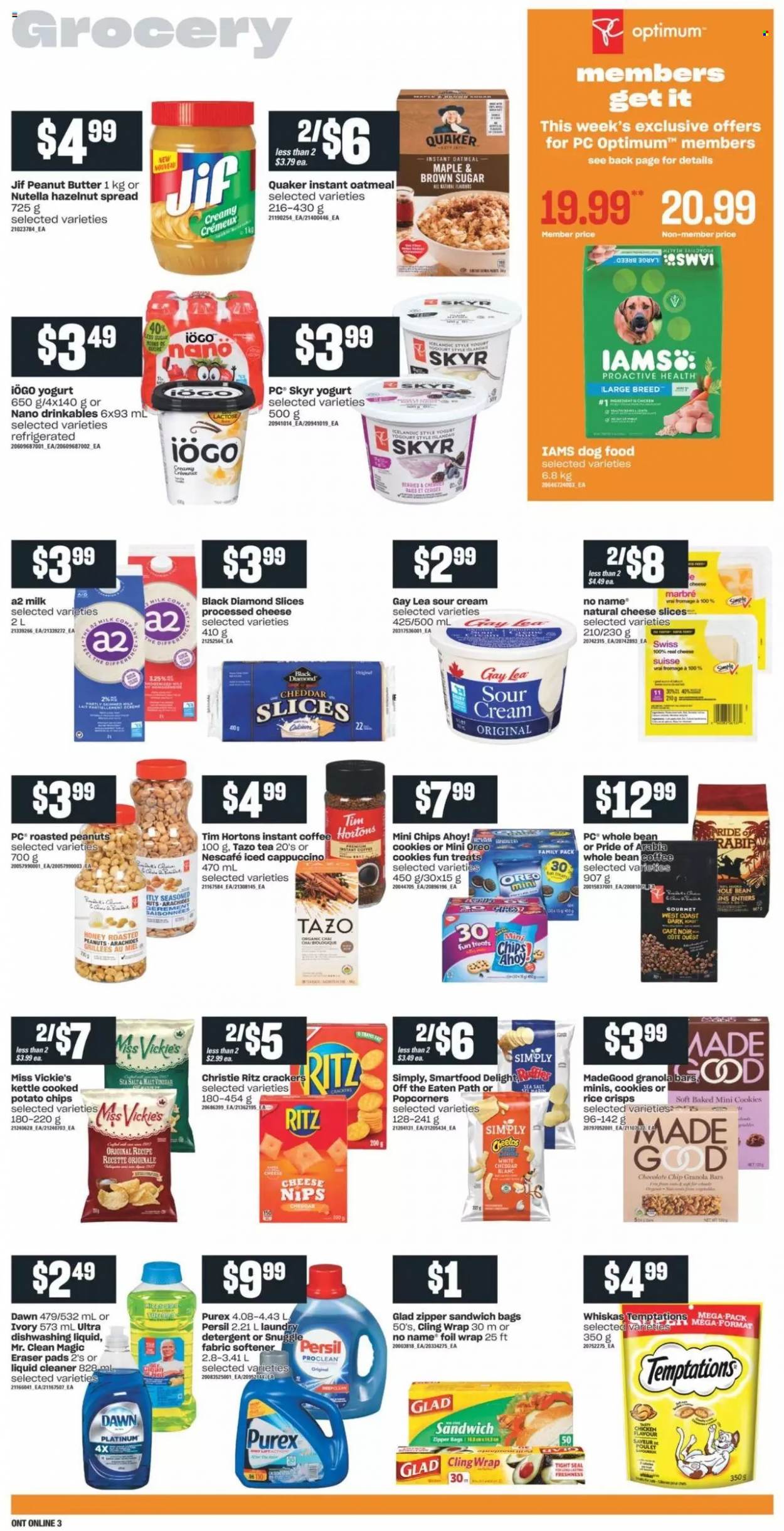 thumbnail - Independent Flyer - October 21, 2021 - October 27, 2021 - Sales products - No Name, Quaker, sliced cheese, cheese, yoghurt, milk, sour cream, cookies, crackers, NIPS, RITZ, potato chips, Smartfood, popcorn, rice crisps, oatmeal, granola bar, rice, honey, peanut butter, hazelnut spread, Jif, roasted peanuts, peanuts, tea, cappuccino, instant coffee, cleaner, liquid cleaner, Snuggle, Persil, fabric softener, laundry detergent, Purex, dishwashing liquid, bag, eraser, animal food, dog food, Optimum, Iams, Oreo, detergent, Nutella, chips, Whiskas, Nescafé. Page 7.