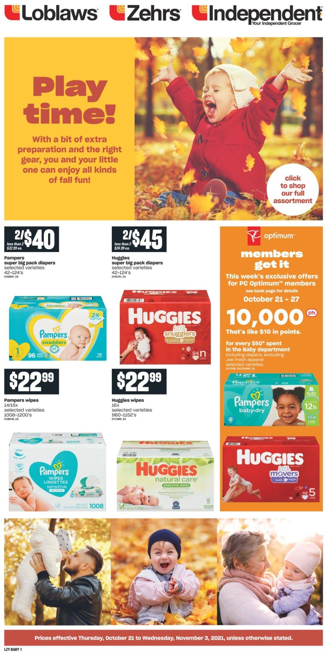 thumbnail - Independent Flyer - October 21, 2021 - November 03, 2021 - Sales products - wipes, nappies, Optimum, Huggies, Pampers. Page 1.