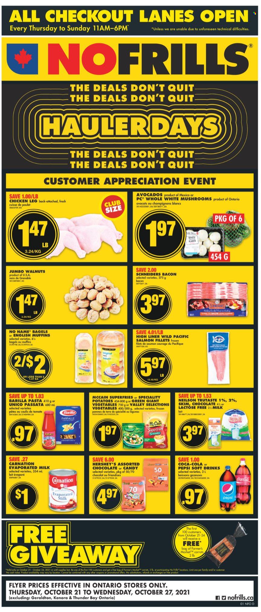 thumbnail - No Frills Flyer - October 21, 2021 - October 27, 2021 - Sales products - mushrooms, bagels, english muffins, potatoes, avocado, salmon, salmon fillet, No Name, pasta, Barilla, bacon, evaporated milk, Hershey's, McCain, potato fries, chocolate, walnuts, Coca-Cola, Pepsi, soft drink, Illy, chicken legs. Page 1.