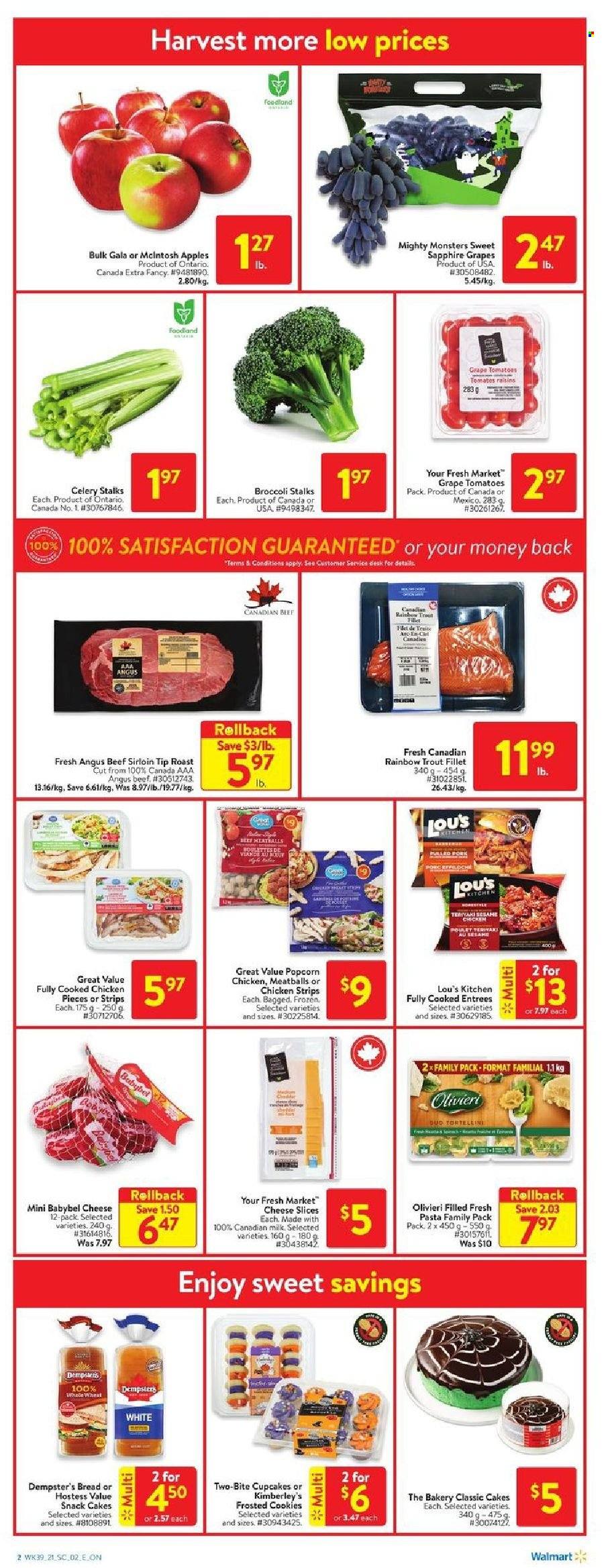 thumbnail - Walmart Flyer - October 21, 2021 - October 27, 2021 - Sales products - bread, cake, cupcake, broccoli, celery, tomatoes, sleeved celery, apples, Gala, trout, meatballs, sliced cheese, cheese, Babybel, milk, strips, chicken strips, cookies, snack, popcorn, beef meat, McIntosh. Page 2.