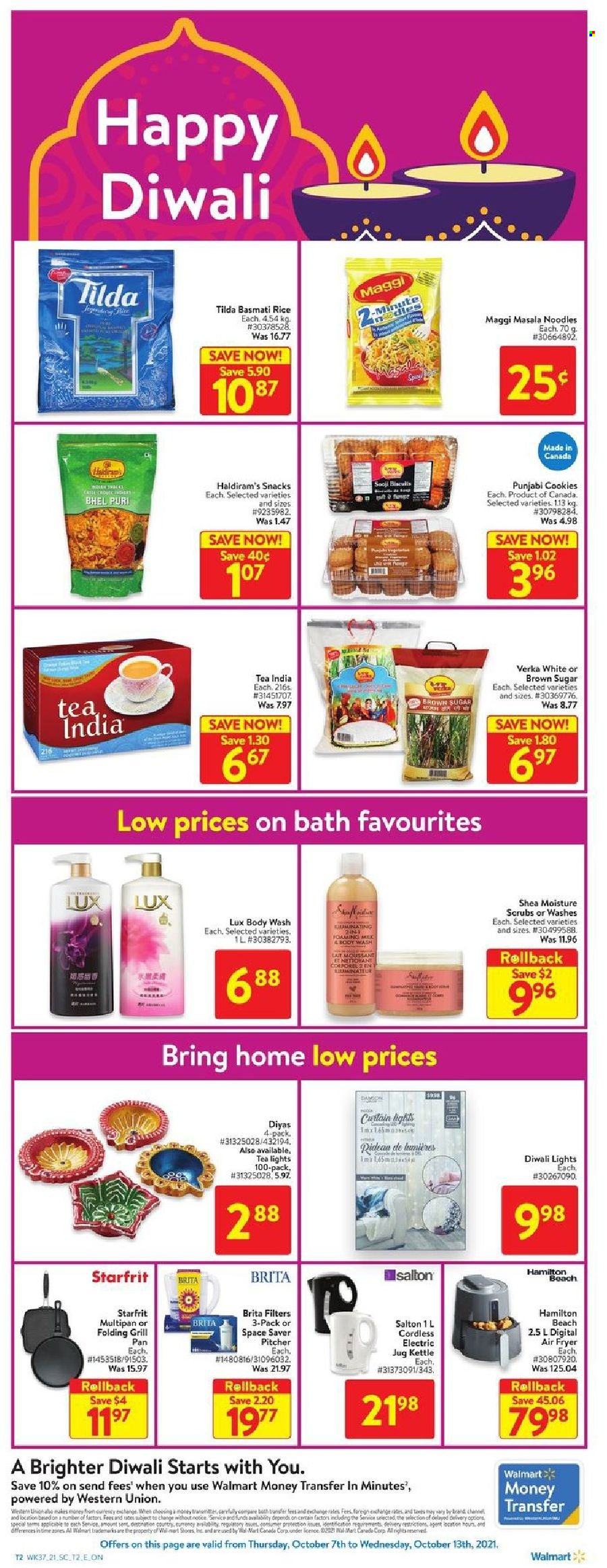 thumbnail - Walmart Flyer - October 21, 2021 - October 27, 2021 - Sales products - noodles, cookies, snack, kettle, Maggi, basmati rice, rice, tea, nappies, Lux, body wash, pitcher, pan, grill pan, air fryer. Page 5.