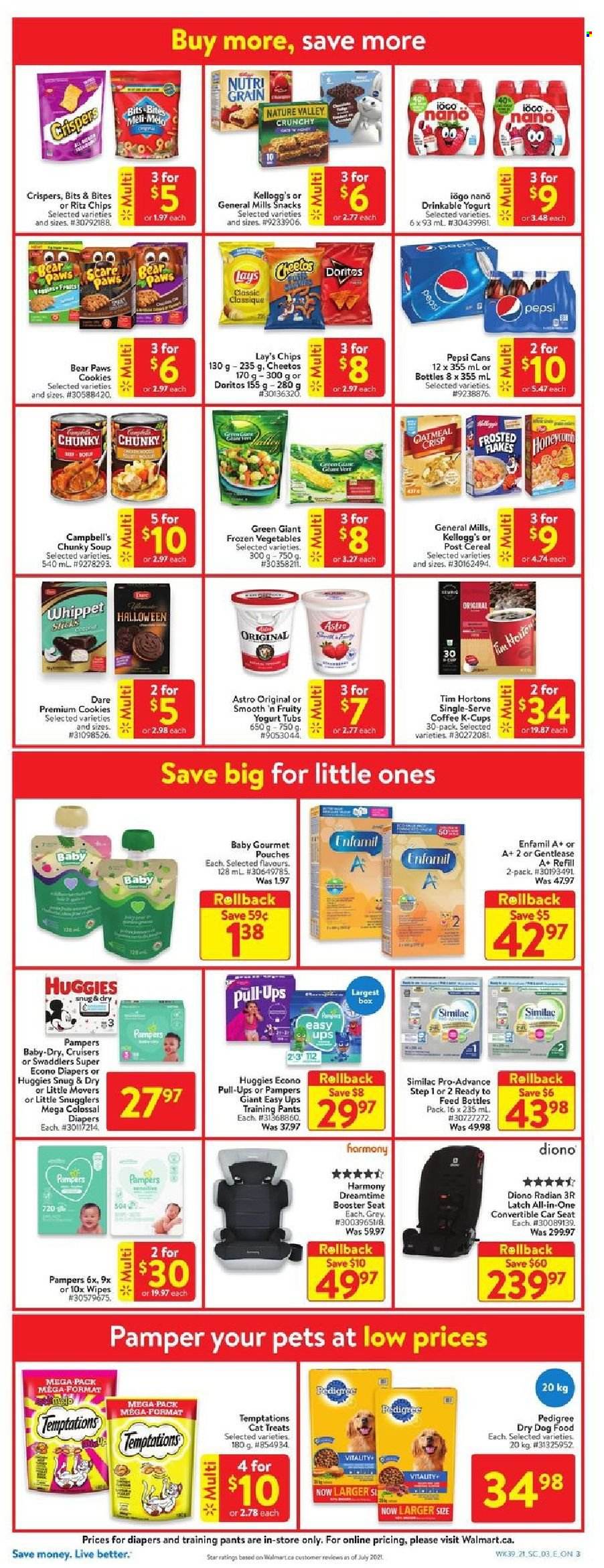 thumbnail - Walmart Flyer - October 21, 2021 - October 27, 2021 - Sales products - Campbell's, soup, yoghurt, frozen vegetables, cookies, snack, Kellogg's, RITZ, Doritos, Cheetos, Lay’s, cereals, Frosted Flakes, Nature Valley, Nutri-Grain, Pepsi, coffee, coffee capsules, K-Cups, Enfamil, Similac, wipes, pants, nappies, baby pants, Paws, animal food, dog food, Pedigree, dry dog food, Halloween, Snug, baby car seat, Huggies, Pampers. Page 7.