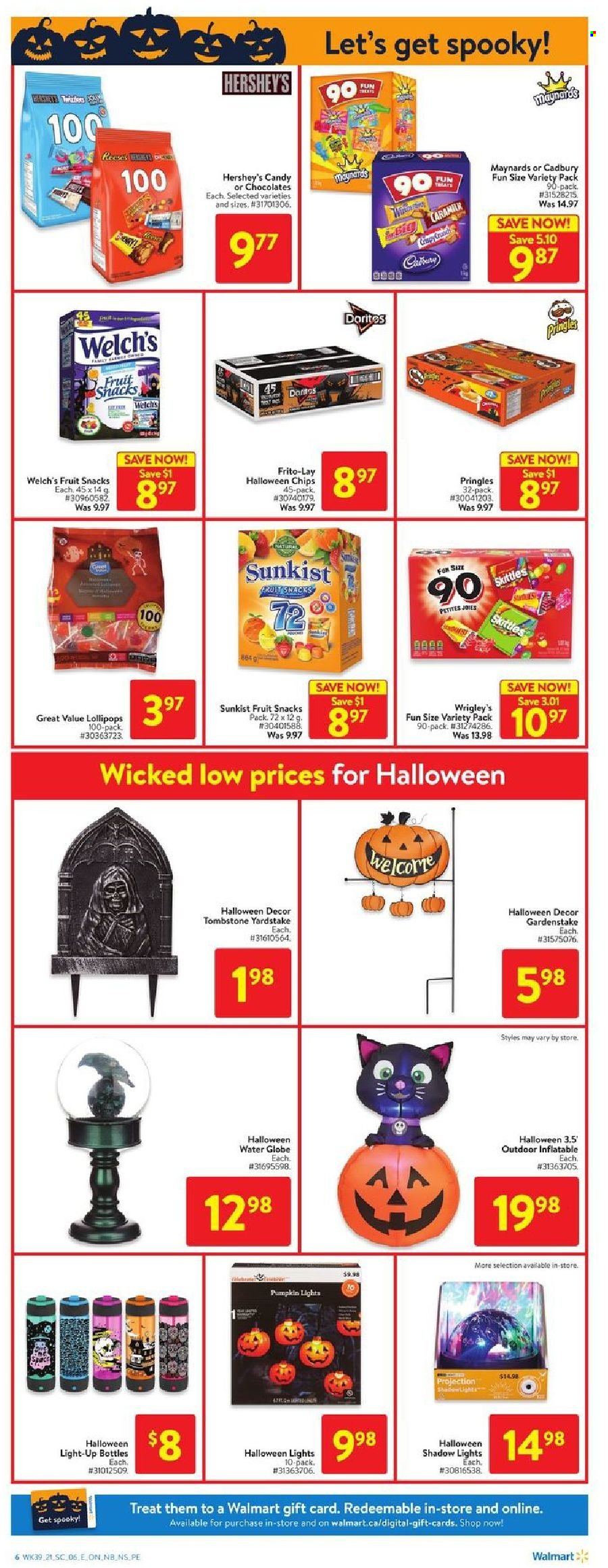 thumbnail - Walmart Flyer - October 21, 2021 - October 27, 2021 - Sales products - pumpkin, Welch's, Reese's, Hershey's, chocolate, lollipop, Cadbury, Skittles, fruit snack, Doritos, Pringles, Frito-Lay, water globe, Halloween, chips. Page 14.