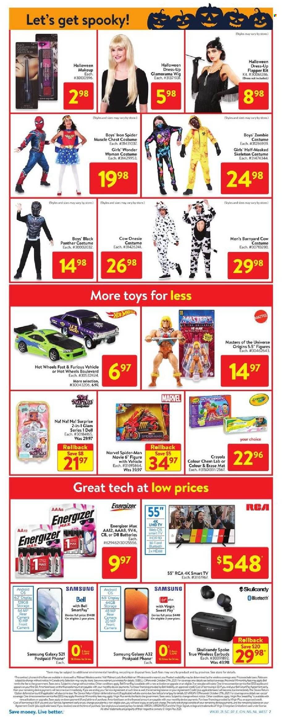 thumbnail - Walmart Flyer - October 21, 2021 - October 27, 2021 - Sales products - webos, Samsung Galaxy, L'Or, Hot Wheels, makeup, crayons, battery, He-Man, Samsung, phone, Samsung Galaxy S, Samsung Galaxy S21, RCA, 4K UHD TV, UHD TV, TV, Skullcandy, earbuds, iron, Halloween, dress, costume, doll, Mattel, toys, vehicle, Zombie, Energizer, smart tv. Page 15.