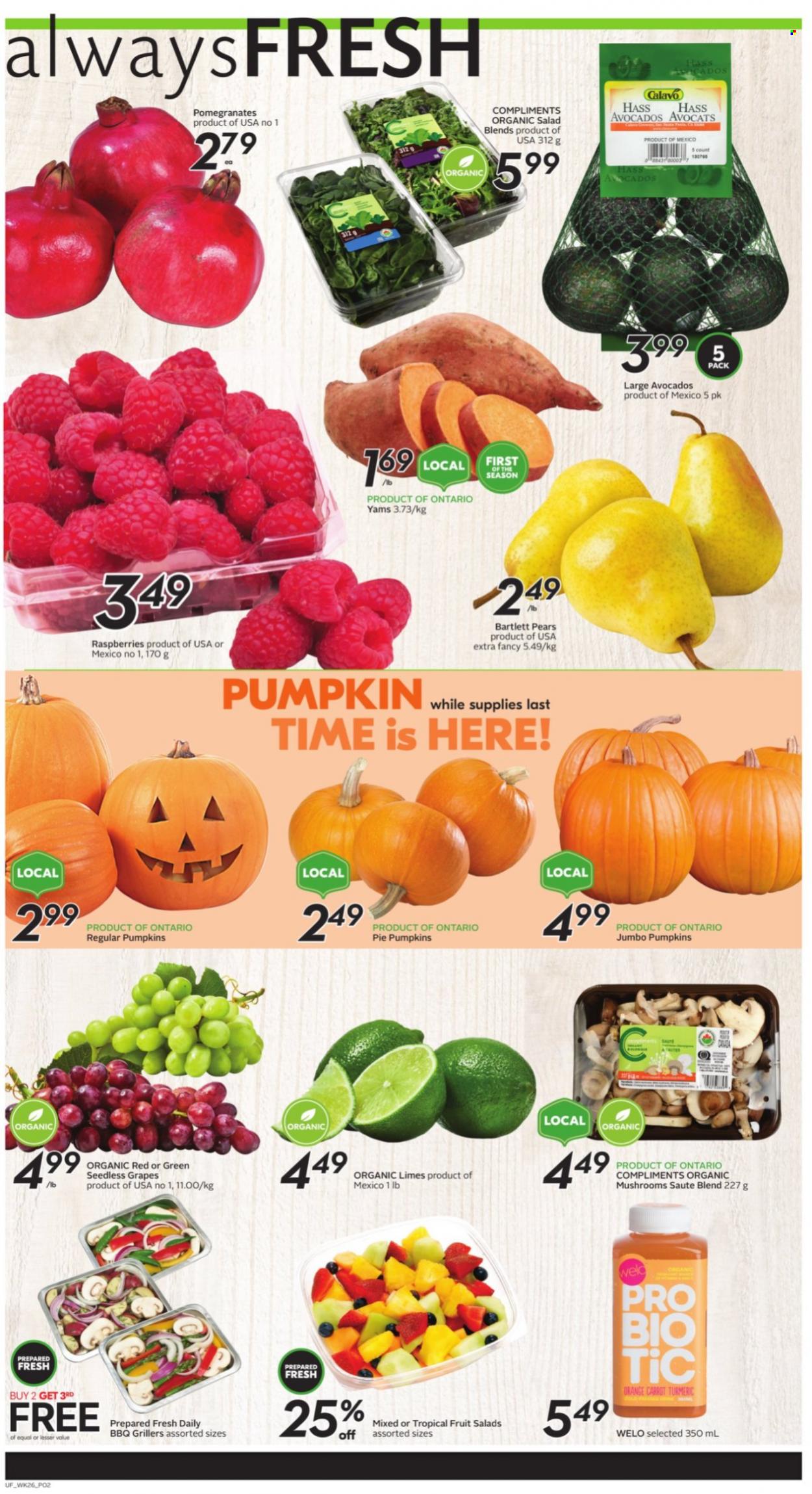 thumbnail - Sobeys Urban Fresh Flyer - October 21, 2021 - October 27, 2021 - Sales products - pie, pumpkin, salad, avocado, Bartlett pears, grapes, limes, seedless grapes, pears, pomegranate, turmeric, oranges. Page 2.