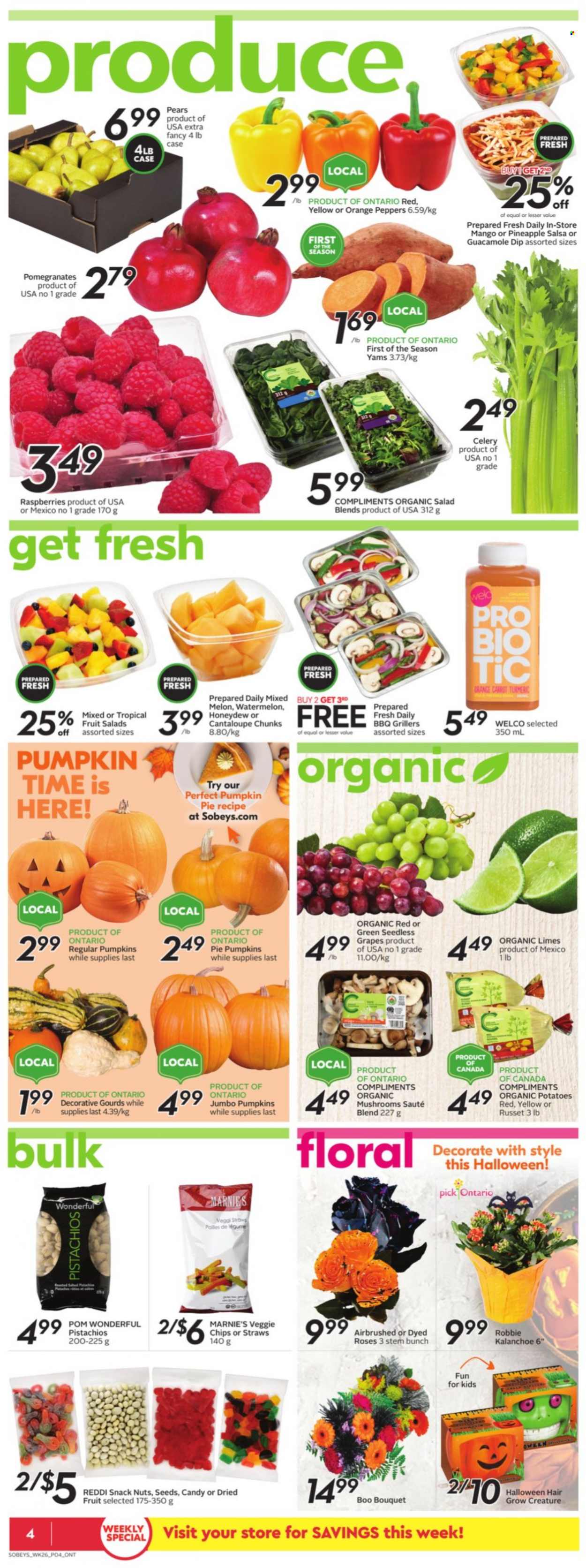 thumbnail - Sobeys Flyer - October 21, 2021 - October 27, 2021 - Sales products - russet potatoes, potatoes, grapes, limes, seedless grapes, watermelon, honeydew, pears, melons, pomegranate, guacamole, snack, turmeric, salsa, dried fruit, pistachios, chips, oranges. Page 4.