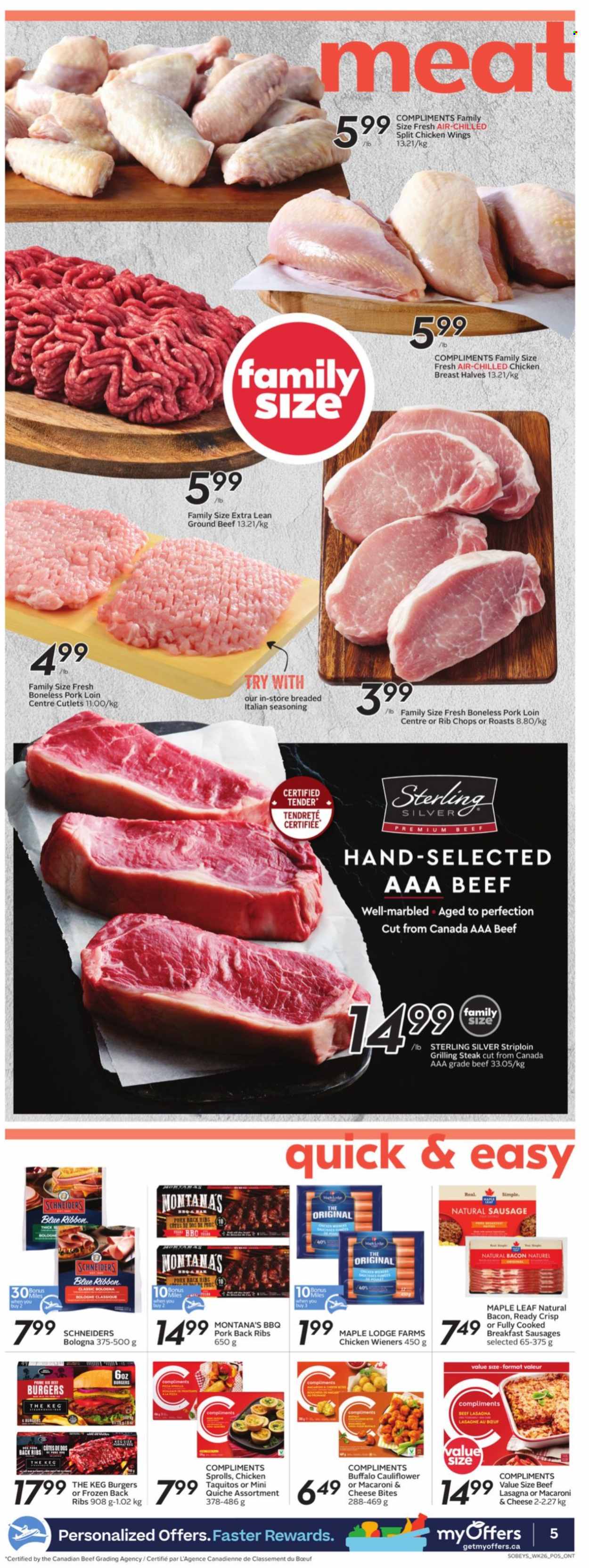 thumbnail - Sobeys Flyer - October 21, 2021 - October 27, 2021 - Sales products - Blue Ribbon, cauliflower, macaroni & cheese, hamburger, lasagna meal, taquitos, bacon, bologna sausage, sausage, chicken wings, quiche, spice, chicken, beef meat, ground beef, pork loin, pork meat, pork ribs, pork back ribs, rib chops, steak. Page 5.