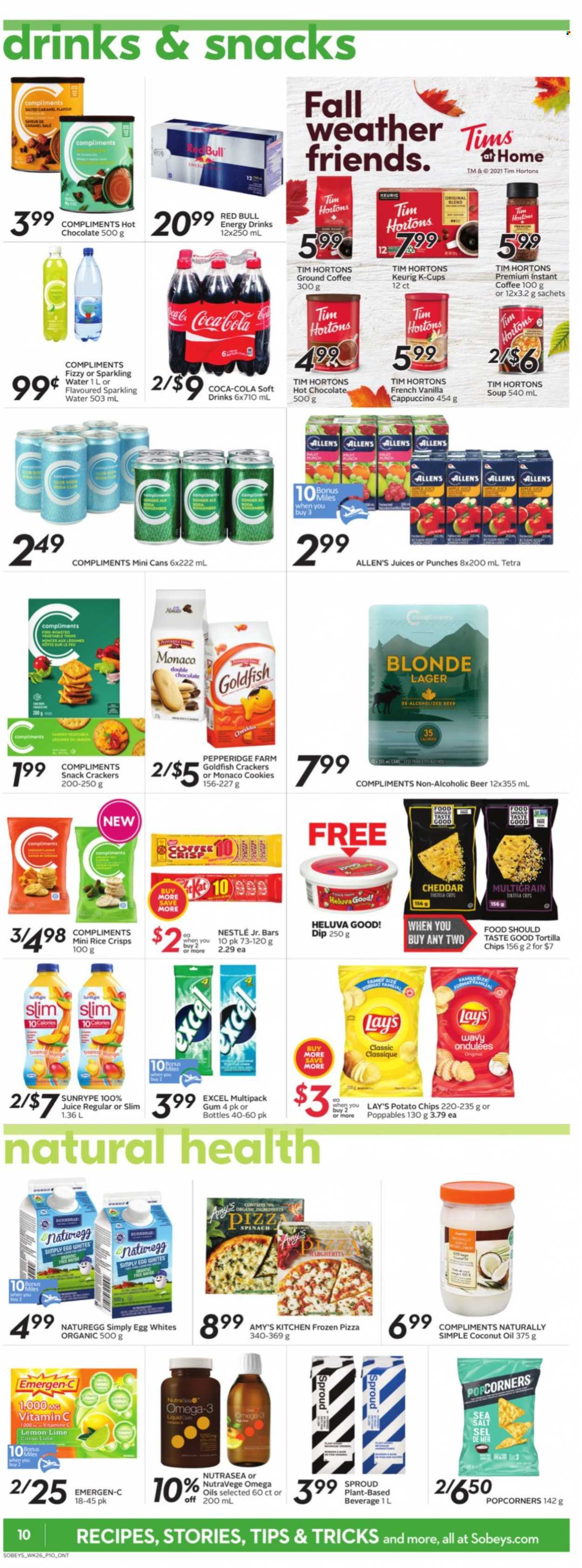 thumbnail - Sobeys Flyer - October 21, 2021 - October 27, 2021 - Sales products - pizza, soup, eggs, cookies, crackers, tortilla chips, potato chips, Lay’s, Thins, popcorn, Goldfish, rice crisps, rice, coconut oil, oil, Coca-Cola, juice, energy drink, soft drink, Red Bull, sparkling water, hot chocolate, cappuccino, instant coffee, ground coffee, coffee capsules, K-Cups, Keurig, punch, beer, Lager, vitamin c, Omega-3, Emergen-C, Nestlé. Page 10.