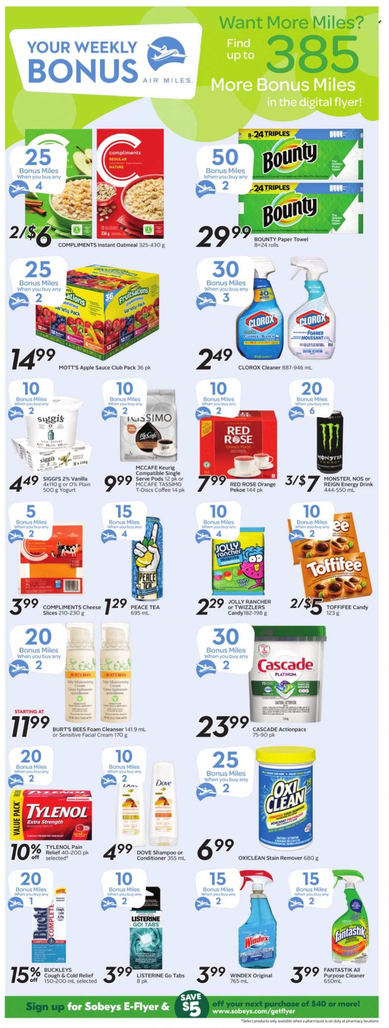 thumbnail - Sobeys Flyer - October 21, 2021 - October 27, 2021 - Sales products - Mott's, sauce, cheese, yoghurt, Bounty, oatmeal, apple sauce, energy drink, Monster, tea, coffee, McCafe, Keurig, rosé wine, paper towels, Windex, cleaner, bleach, all purpose cleaner, stain remover, Clorox, OxiClean, Cascade, cleanser, conditioner, pain relief, Tylenol, Go!, Dove, Listerine, shampoo, oranges. Page 16.