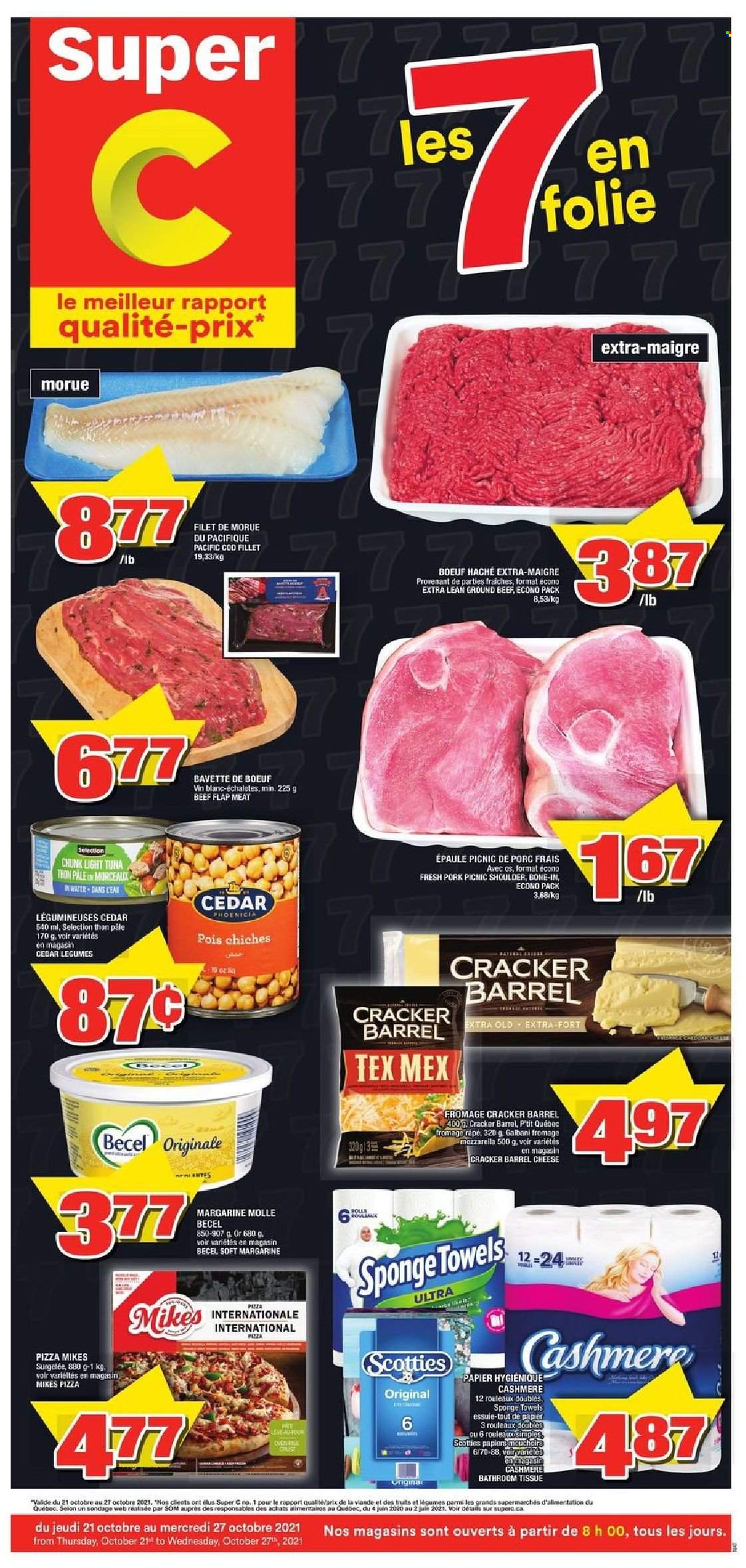 thumbnail - Super C Flyer - October 21, 2021 - October 27, 2021 - Sales products - cod, tuna, pizza, Galbani, margarine, crackers, light tuna, beef meat, ground beef, bath tissue. Page 1.