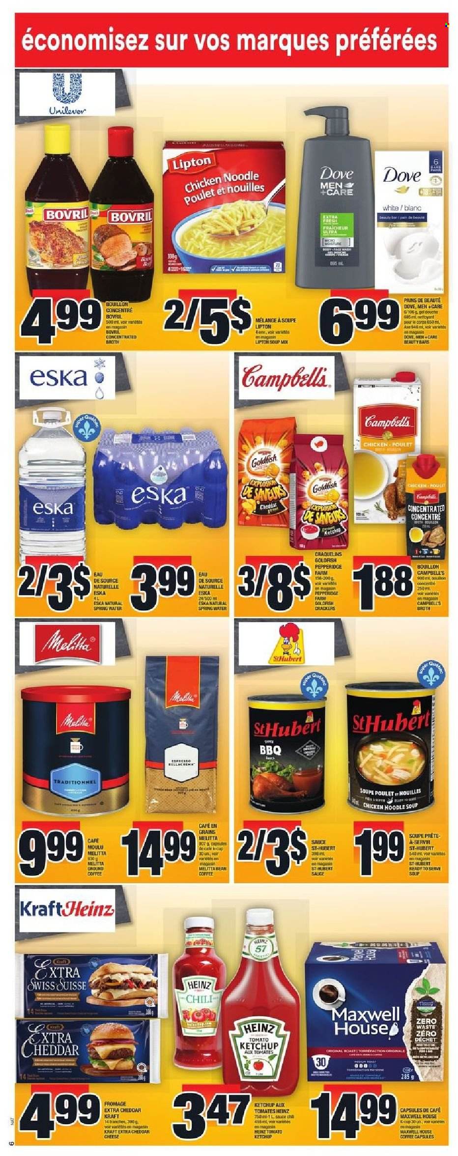 thumbnail - Super C Flyer - October 21, 2021 - October 27, 2021 - Sales products - Campbell's, soup mix, soup, sauce, noodles, Kraft®, cheese, crackers, Goldfish, bouillon, broth, Heinz, spring water, Maxwell House, coffee, ground coffee, coffee capsules, K-Cups, Dove, ketchup, Lipton. Page 7.