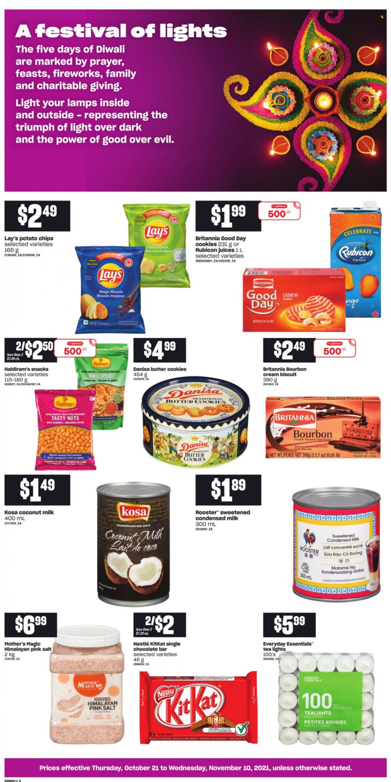 thumbnail - Loblaws Flyer - October 21, 2021 - November 10, 2021 - Sales products - condensed milk, cookies, butter cookies, snack, KitKat, biscuit, chocolate bar, potato chips, Lay’s, coconut milk, peanuts, juice, tea, bourbon, DAC, Sure, Optimum, Nestlé, chips. Page 3.