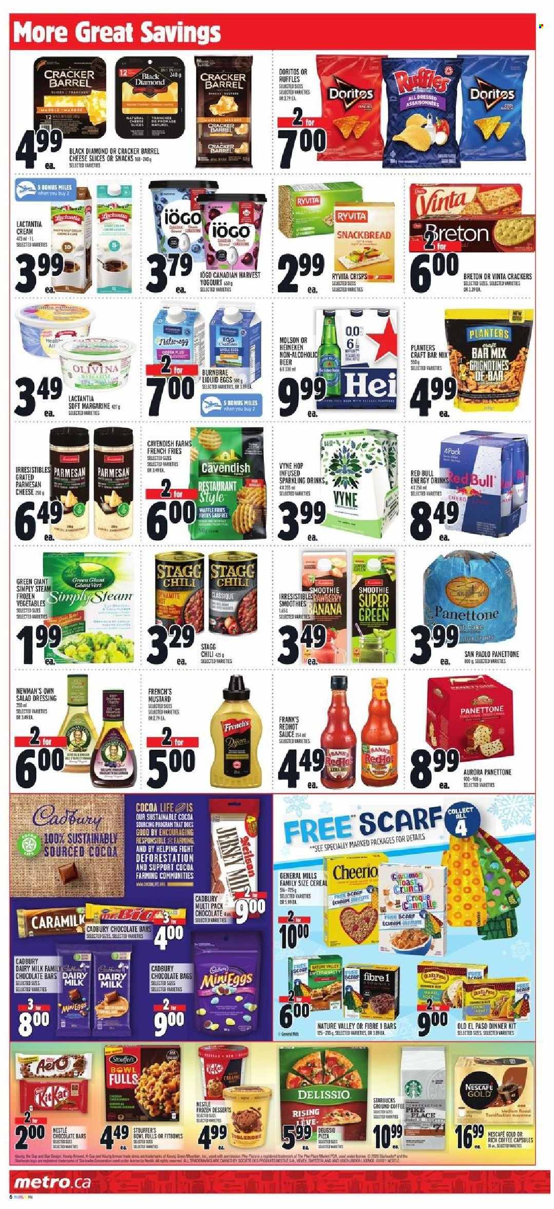 thumbnail - Metro Flyer - October 21, 2021 - October 27, 2021 - Sales products - cake, Old El Paso, panettone, pizza, sauce, dinner kit, sliced cheese, parmesan, margarine, Stouffer's, potato fries, french fries, crackers, Toblerone, Cadbury, Dairy Milk, chocolate bar, Doritos, Ruffles, cereals, Nature Valley, mustard, salad dressing, dressing, Planters, Red Bull, smoothie, coffee, coffee capsules, Starbucks, beer, Heineken, bowl, Nestlé, Nescafé. Page 7.