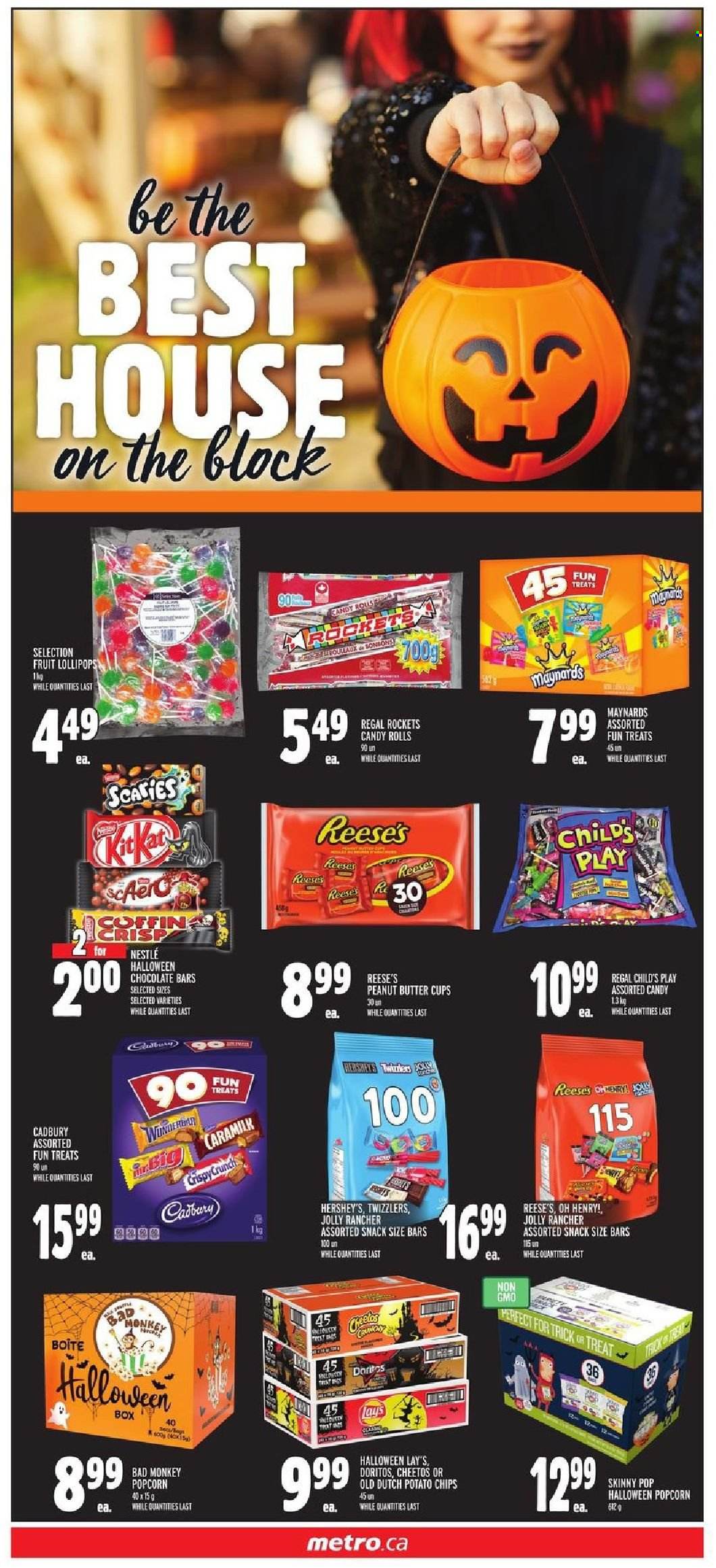 thumbnail - Metro Flyer - October 21, 2021 - October 27, 2021 - Sales products - Reese's, Hershey's, snack, lollipop, Cadbury, peanut butter cups, chocolate bar, Doritos, potato chips, Cheetos, Lay’s, popcorn, Skinny Pop, Nestlé, chips. Page 8.