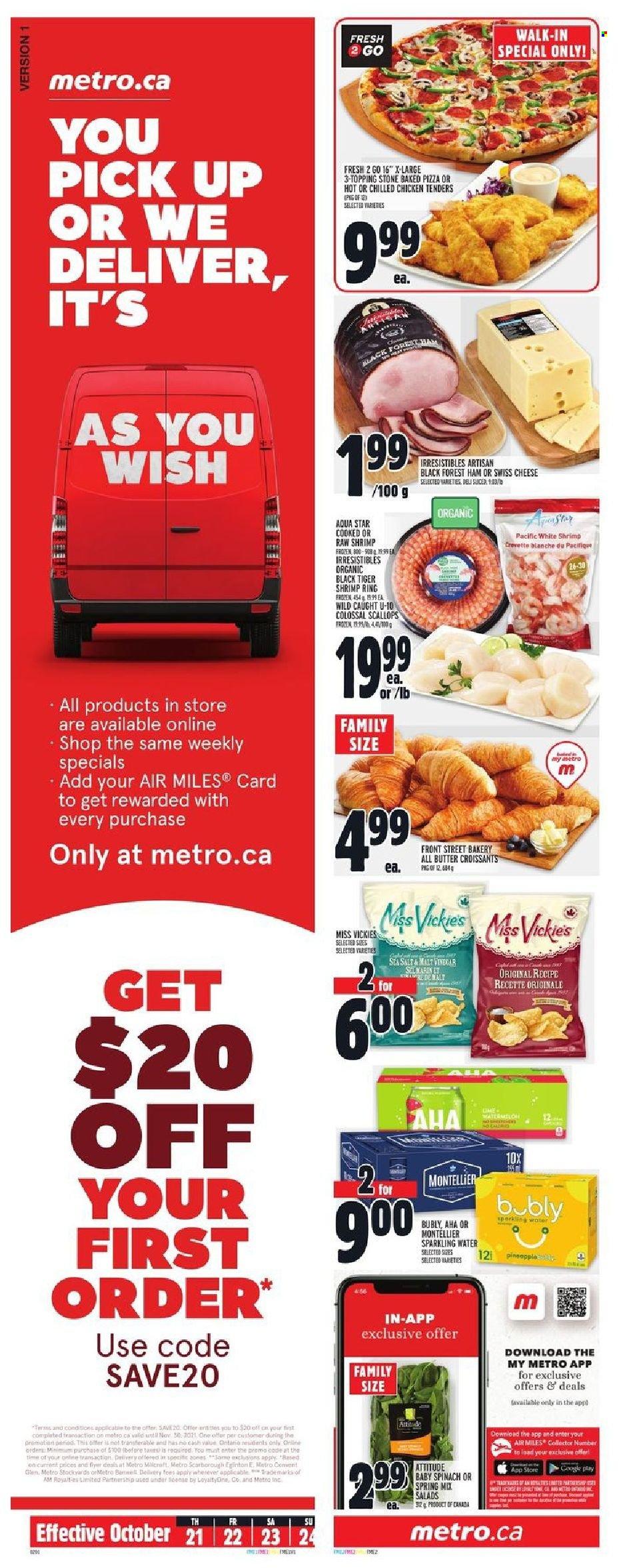 thumbnail - Metro Flyer - October 21, 2021 - October 27, 2021 - Sales products - croissant, scallops, shrimps, pizza, chicken tenders, ham, swiss cheese, topping, malt, sparkling water, slicer. Page 13.