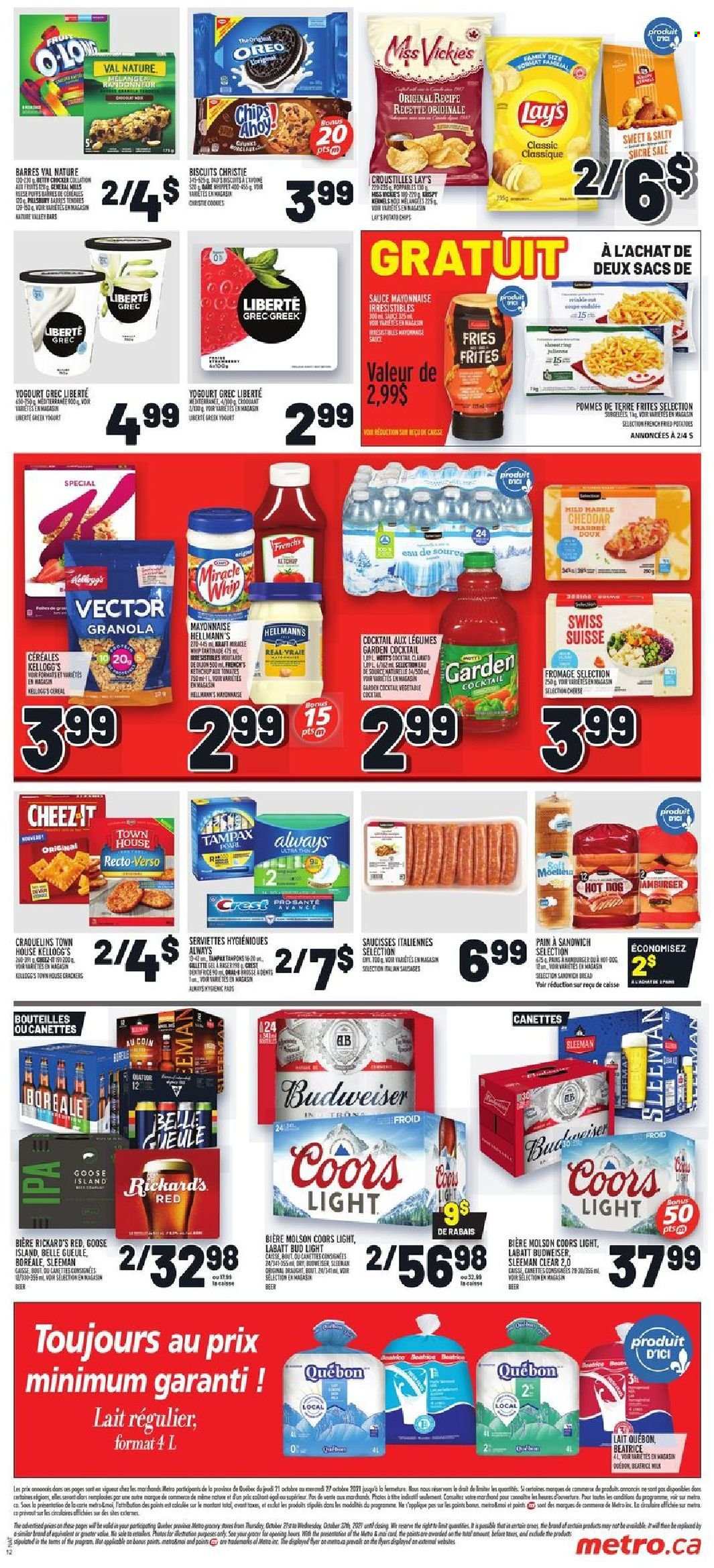 thumbnail - Metro Flyer - October 21, 2021 - October 27, 2021 - Sales products - bread, Bella, Mott's, sauce, sausage, cheddar, cheese, milk, mayonnaise, Miracle Whip, Hellmann’s, potato fries, crackers, Kellogg's, biscuit, Lay’s, rice, Clamato, beer, Bud Light, IPA, Oreo, Budweiser, granola, Tampax, Coors. Page 2.