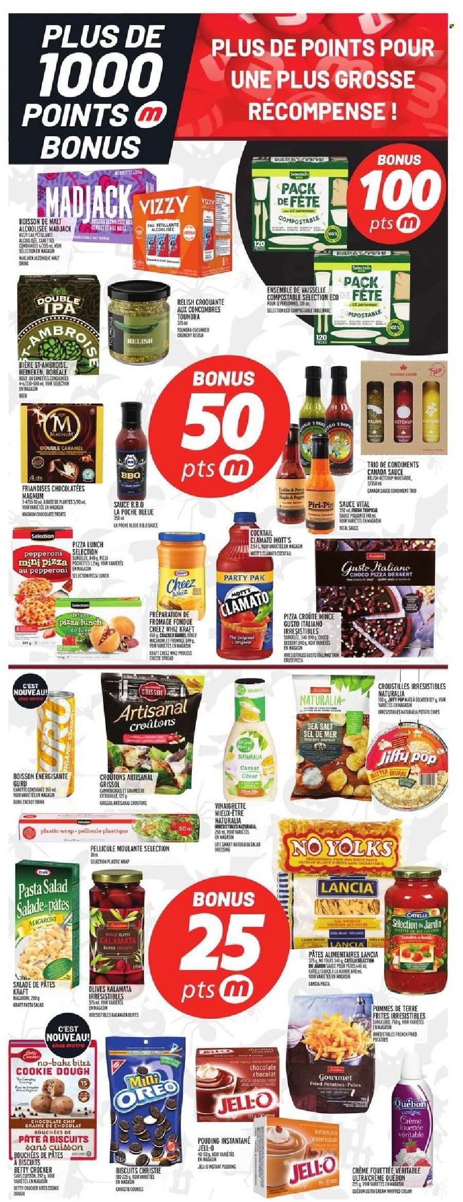 thumbnail - Metro Flyer - October 21, 2021 - October 27, 2021 - Sales products - salad, Mott's, pizza, pasta, sauce, Kraft®, pepperoni, pasta salad, Magnum, cookies, chocolate, biscuit, croutons, Jell-O, malt, vinaigrette dressing, Clamato, beer, Heineken, IPA, Oreo, olives, chips. Page 15.