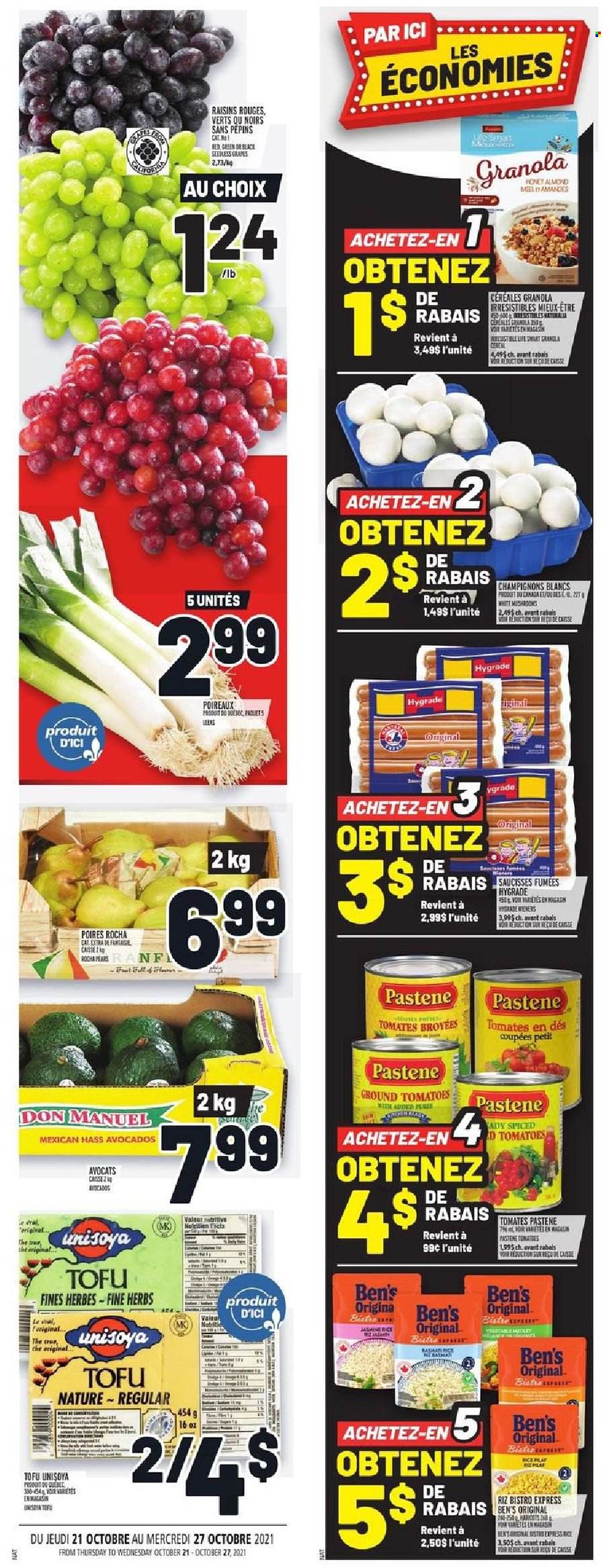 thumbnail - Metro Flyer - October 21, 2021 - October 27, 2021 - Sales products - tomatoes, avocado, grapes, tofu, cereals, rice, dried fruit, granola, raisins. Page 19.