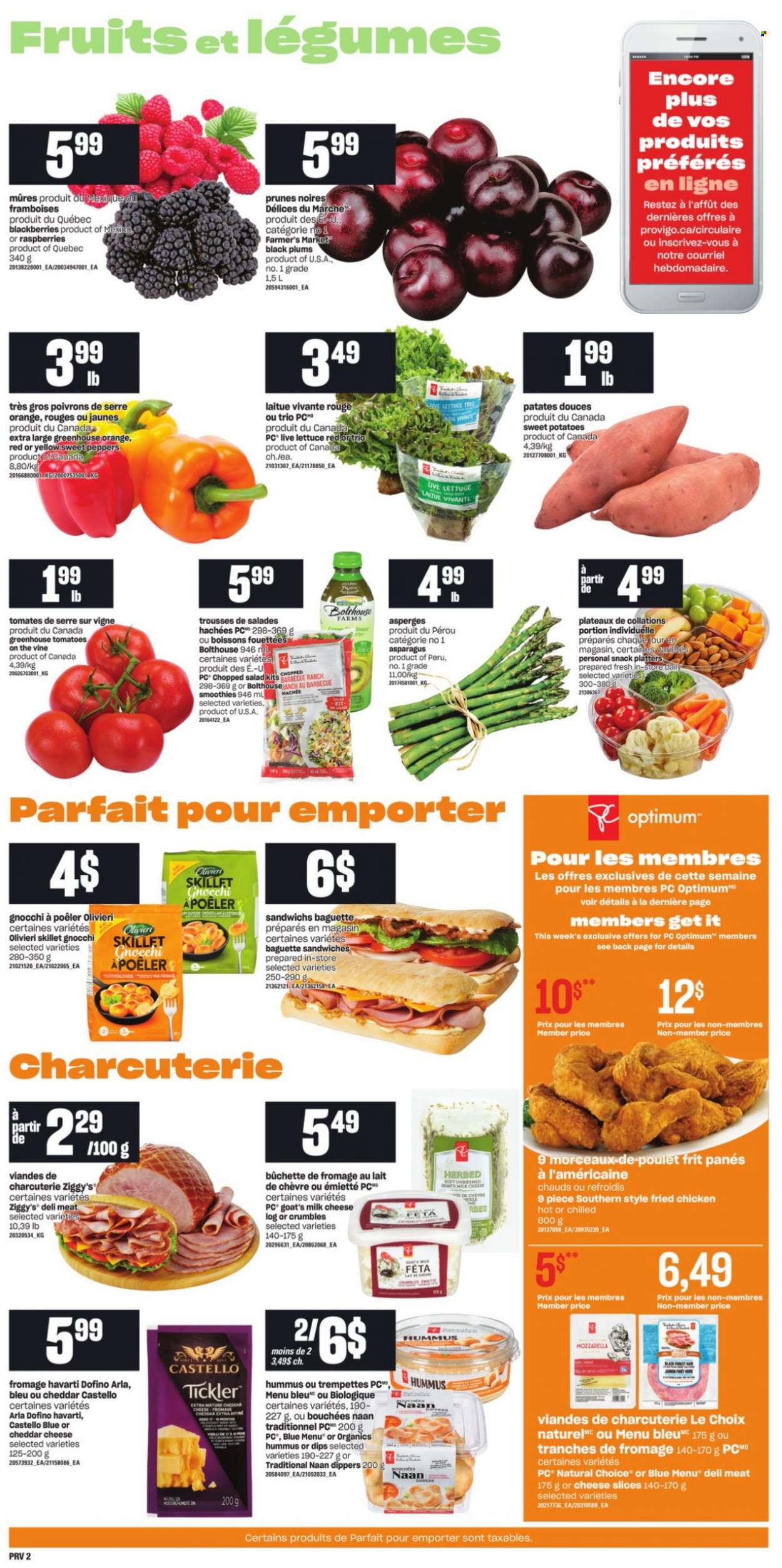 thumbnail - Provigo Flyer - October 21, 2021 - October 27, 2021 - Sales products - asparagus, sweet peppers, sweet potato, tomatoes, potatoes, lettuce, salad, peppers, chopped salad, blackberries, plums, black plums, sandwich, fried chicken, hummus, sliced cheese, Havarti, feta, Arla, milk, prunes, dried fruit, smoothie, baguette, gnocchi, mozzarella. Page 3.