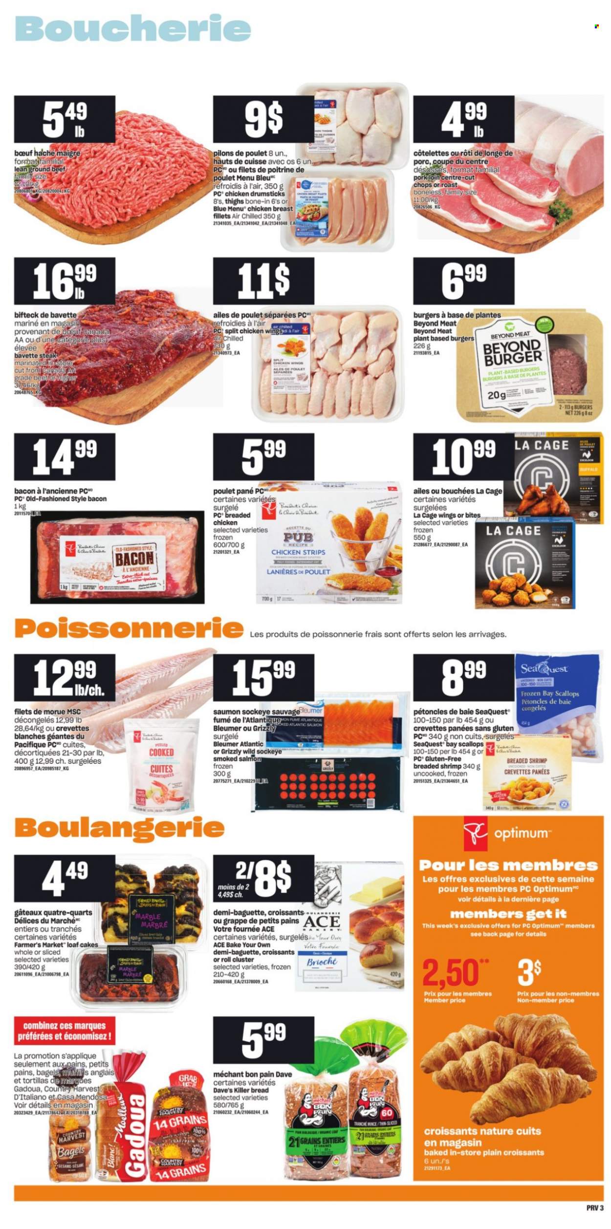 thumbnail - Provigo Flyer - October 21, 2021 - October 27, 2021 - Sales products - bagels, bread, tortillas, cake, croissant, Ace, muffin, salmon, scallops, smoked salmon, shrimps, hamburger, Country Harvest, strips, chicken strips, chicken drumsticks, chicken, beef meat, ground beef, pork loin, pork meat, baguette, steak. Page 5.