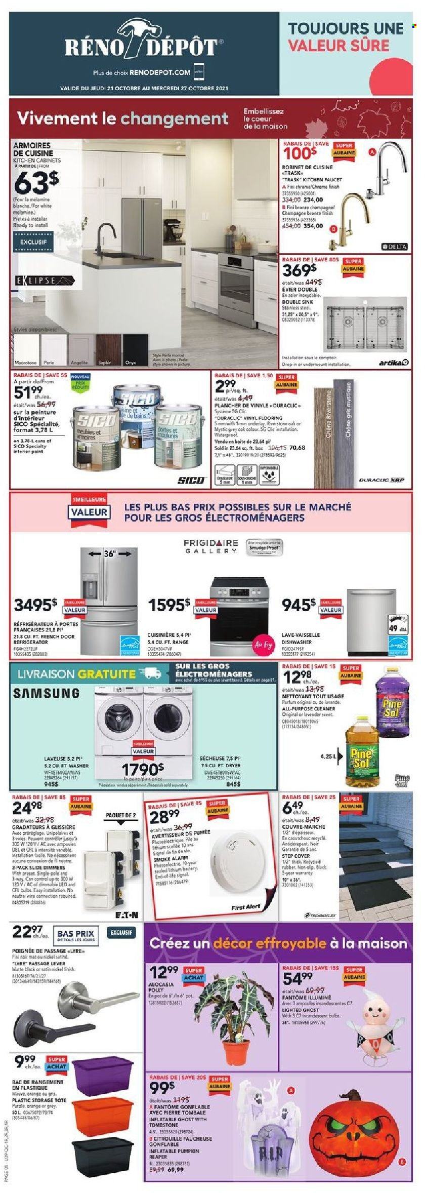 thumbnail - Réno-Dépôt Flyer - October 21, 2021 - October 27, 2021 - Sales products - alarm, smoke alarm, Samsung, washing machine, kitchen cabinet, faucet, sink, paint, storage tote, pot. Page 1.