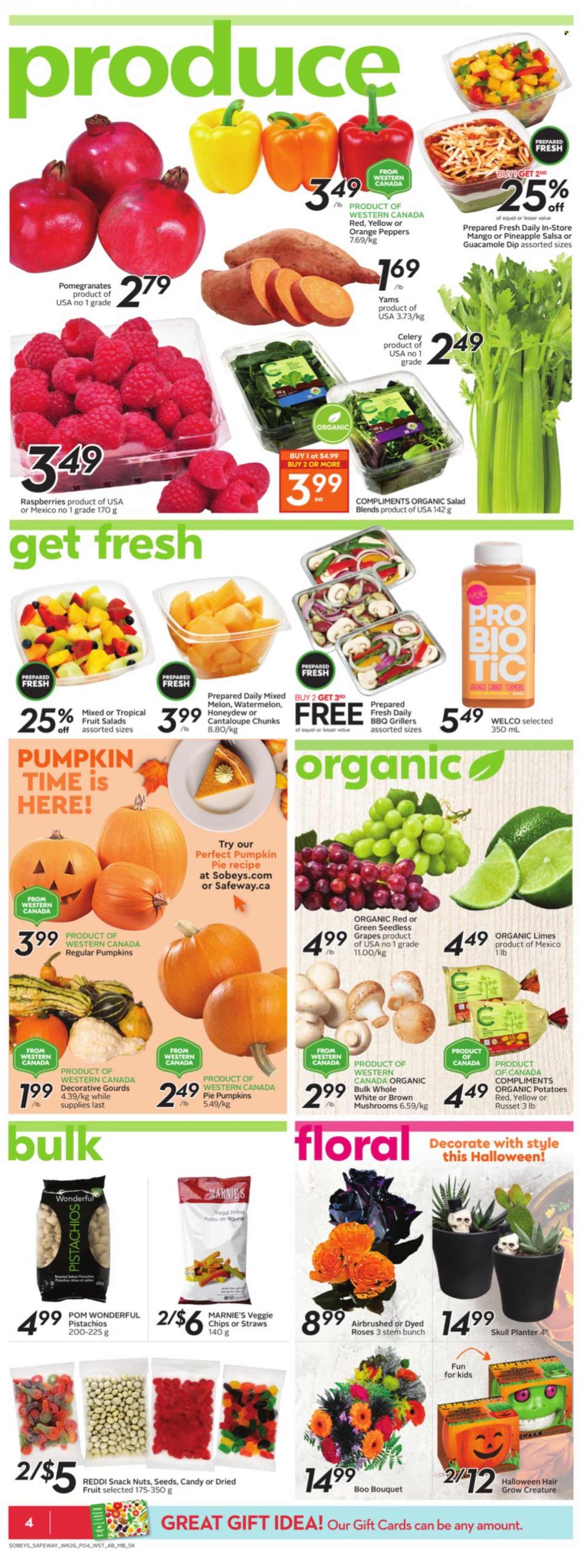 thumbnail - Safeway Flyer - October 21, 2021 - October 27, 2021 - Sales products - russet potatoes, potatoes, grapes, limes, seedless grapes, watermelon, honeydew, melons, pomegranate, guacamole, snack, turmeric, salsa, dried fruit, pistachios, bouquet, rose, chips, oranges. Page 4.