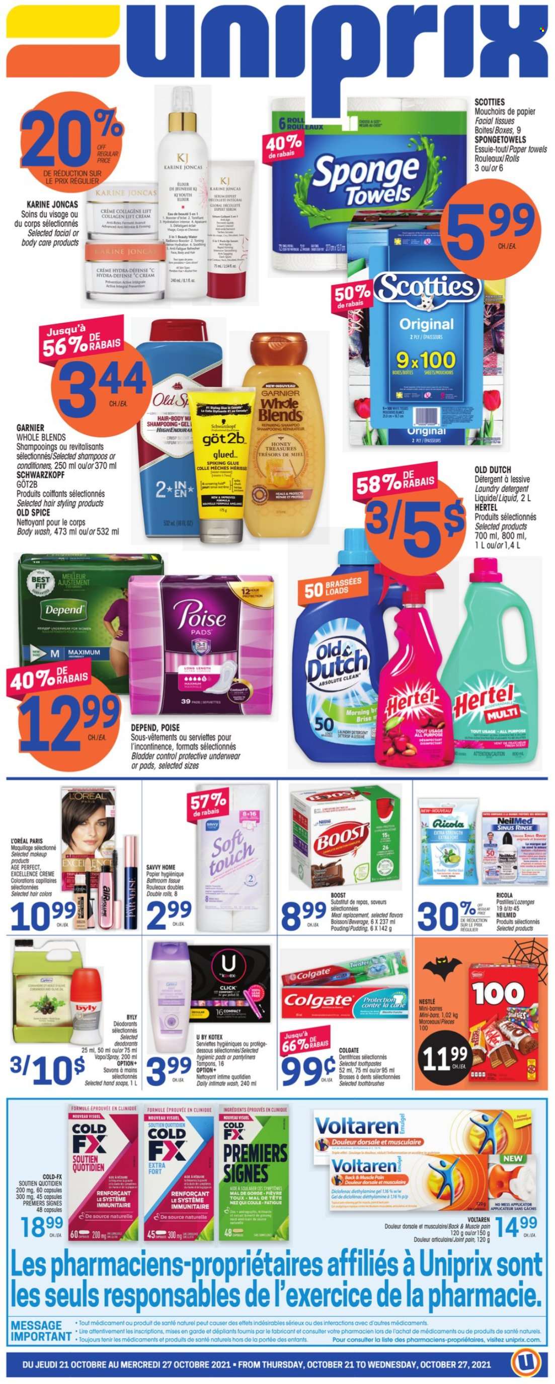 thumbnail - Uniprix Flyer - October 21, 2021 - October 27, 2021 - Sales products - Ricola, pudding, spice, honey, Boost, tissues, kitchen towels, paper towels, laundry detergent, body wash, Kotex, pantyliners, tampons, Clinique, facial tissues, L’Oréal, Absolute, makeup, Nestlé, detergent, Colgate, Garnier, shampoo, Old Spice, Schwarzkopf, Twister, deodorant. Page 1.