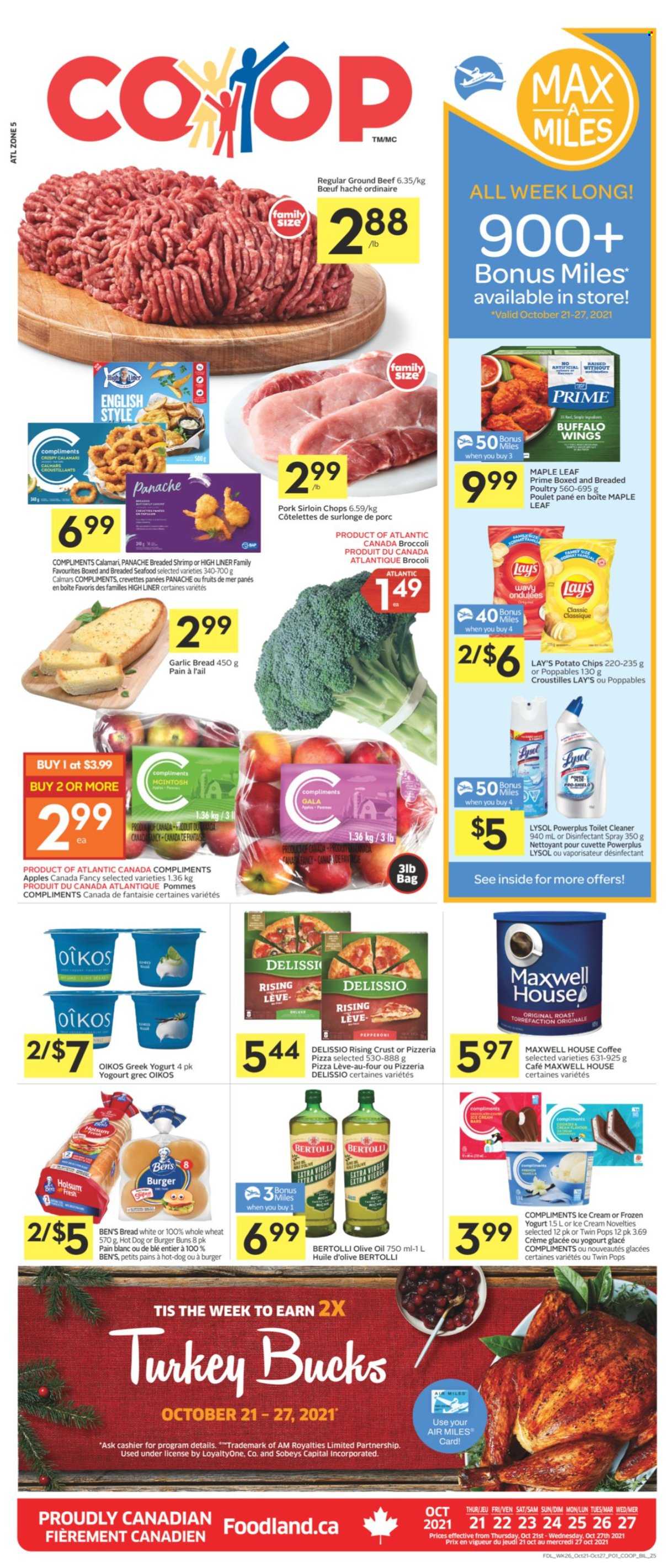 Co-op Flyer - October 21, 2021 - October 27, 2021 - Sales products - bread, buns, burger buns, broccoli, apples, Gala apple, calamari, seafood, shrimps, hot dog, pizza, Bertolli, pepperoni, greek yoghurt, yoghurt, Oikos, ice cream, potato chips, Lay's, flour, olive oil, oil, Maxwell House, coffee, L'Or, beef meat, ground beef, pork loin, antibacterial spray, desinfection. Page 1.