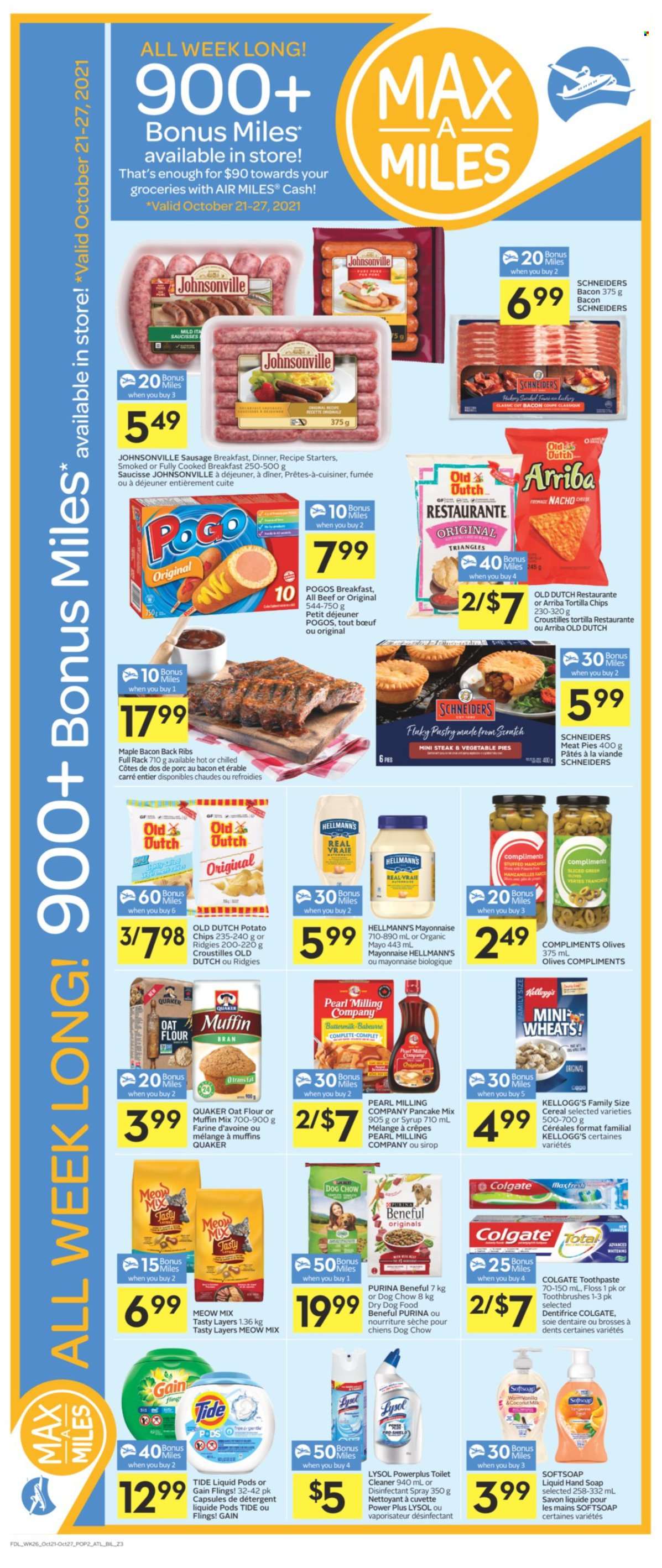 thumbnail - Co-op Flyer - October 21, 2021 - October 27, 2021 - Sales products - muffin mix, pancakes, Quaker, bacon, Johnsonville, sausage, buttermilk, mayonnaise, Hellmann’s, Kellogg's, tortilla chips, oats, cereals, antibacterial spray, detergent, Colgate, olives, chips, steak, desinfection. Page 4.