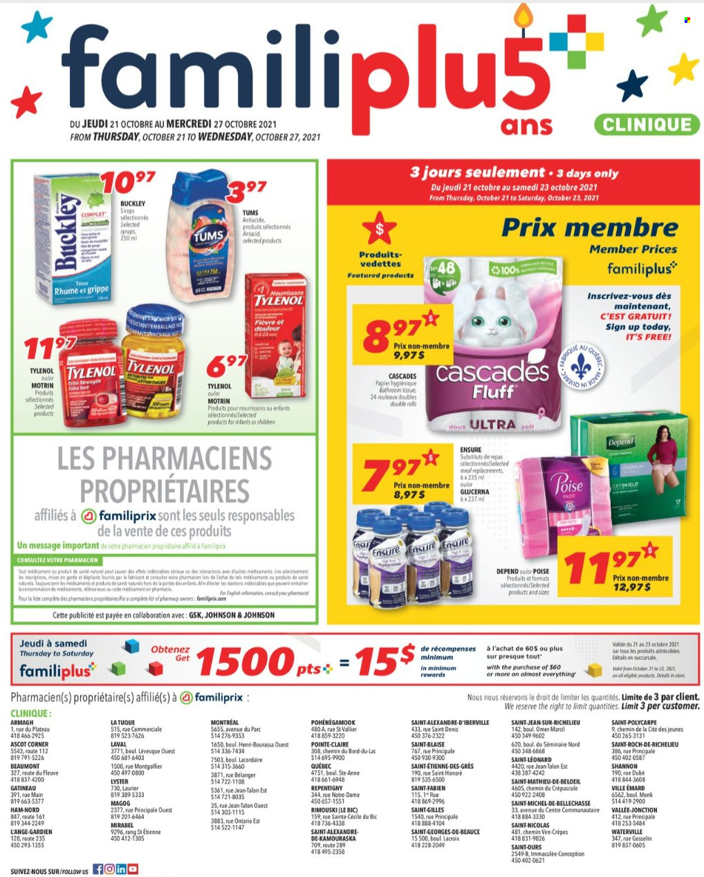 thumbnail - Familiprix Clinique Flyer - October 21, 2021 - October 27, 2021 - Sales products - Johnson's, bath tissue, Clinique, BIC, Tylenol, Glucerna, Antacid, Motrin. Page 1.