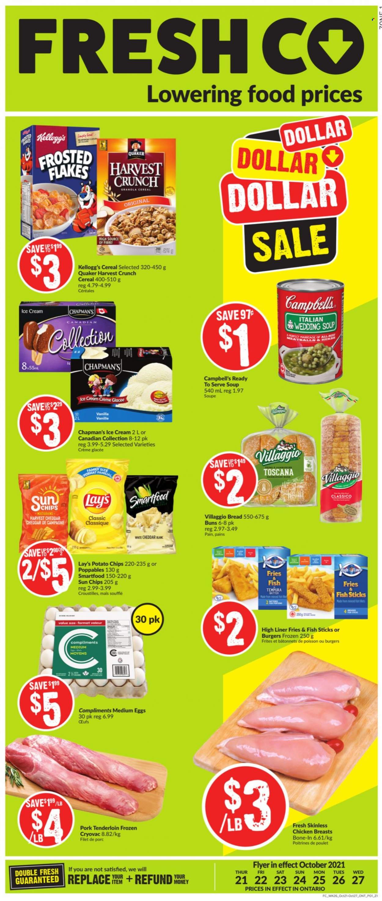 thumbnail - FreshCo. Flyer - October 21, 2021 - October 27, 2021 - Sales products - bread, buns, soufflés, Campbell's, meatballs, soup, Quaker, fish sticks, ready meal, chicken breasts, cheese, eggs, ice cream, potato fries, Kellogg's, potato chips, Lay’s, Smartfood, salty snack, cereals, granola, Frosted Flakes, Classico, pork meat, pork tenderloin. Page 1.